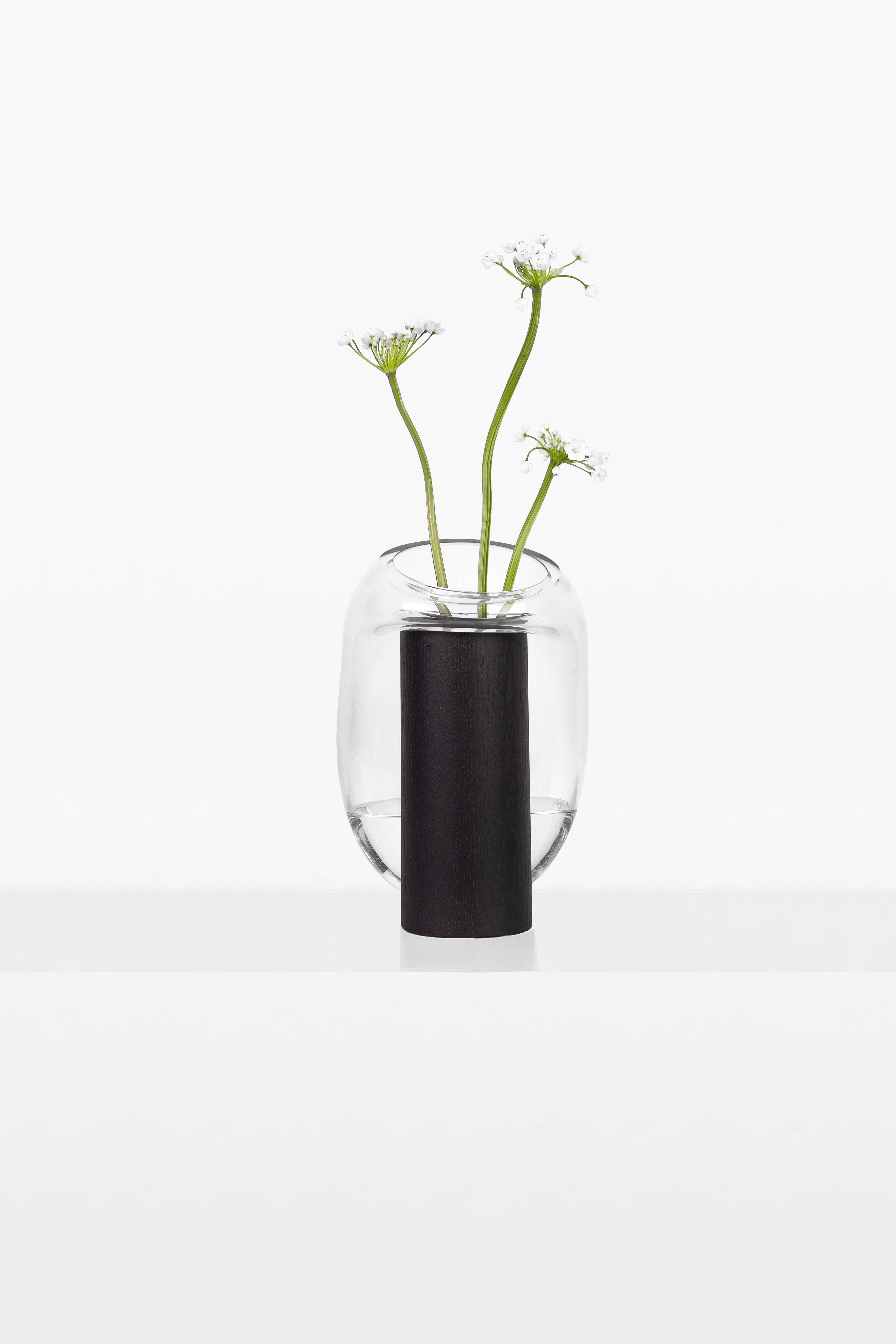 Modern Gutta Boon Vase CS1 by Noom in Blown Transparent Glass and Oak Base 8