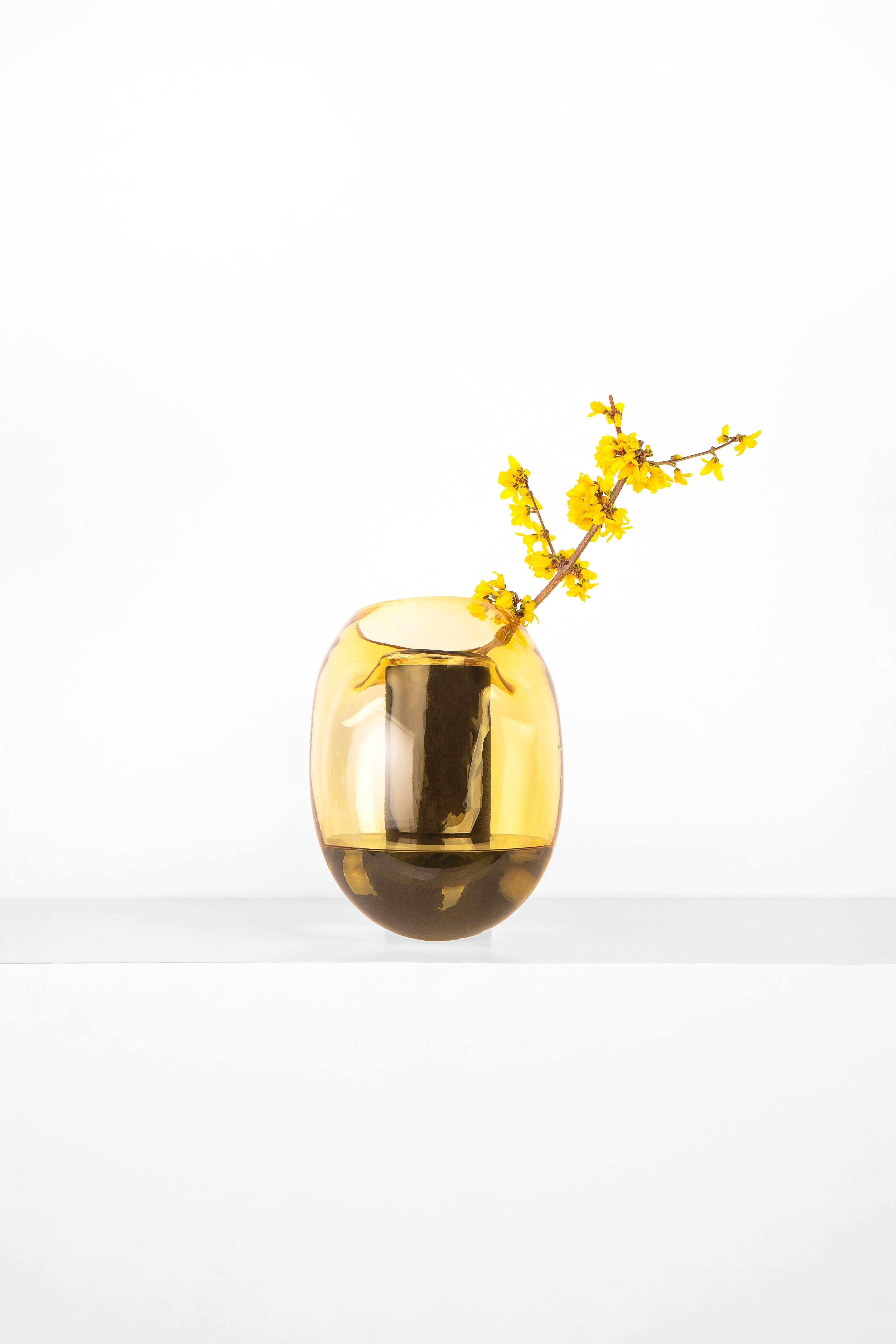 Modern Gutta Boon Vase CS2 by Noom in Blown Amber Glass and Oak Base 8