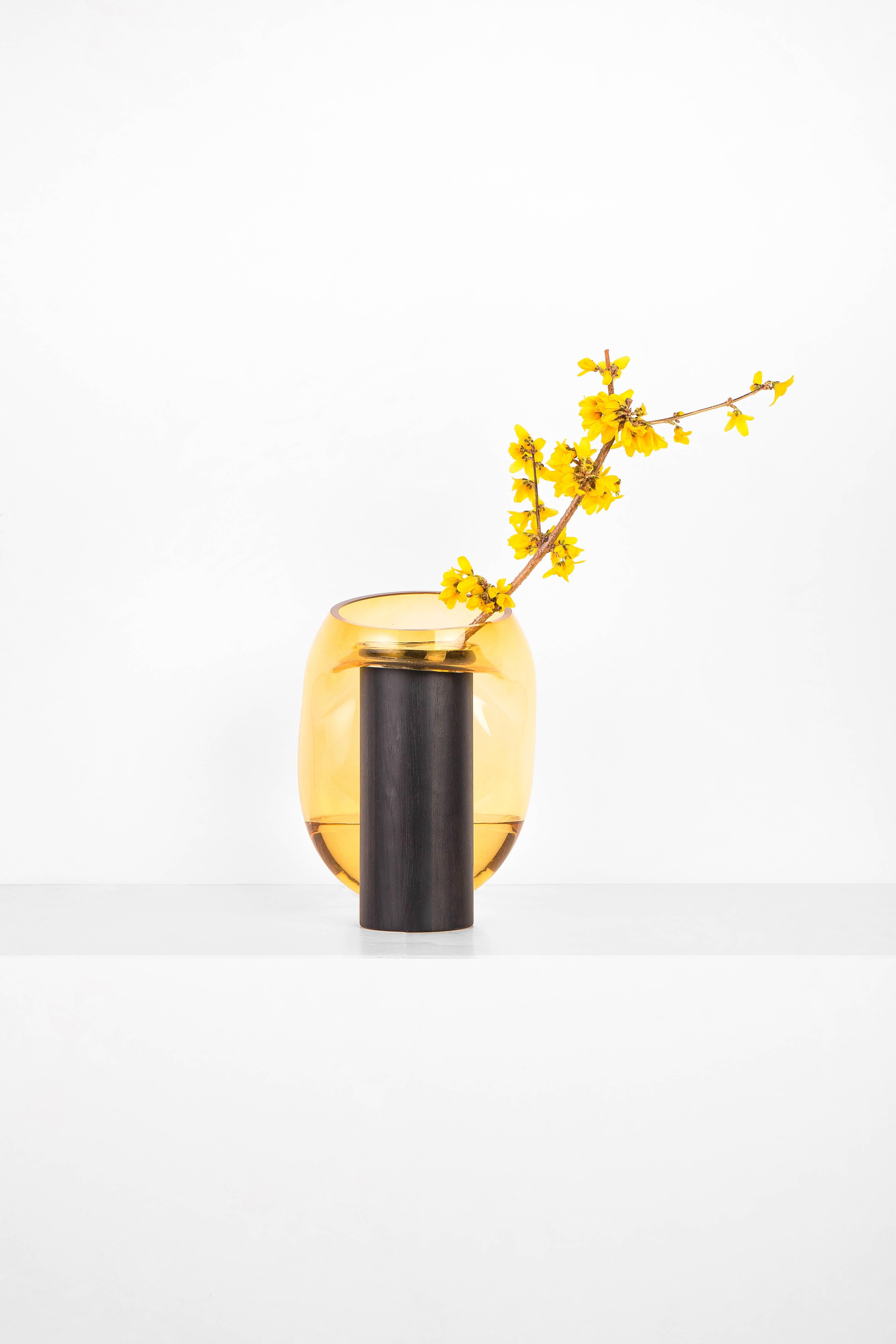 Modern Gutta Boon Vase CS2 by Noom in Blown Amber Glass and Oak Base 9