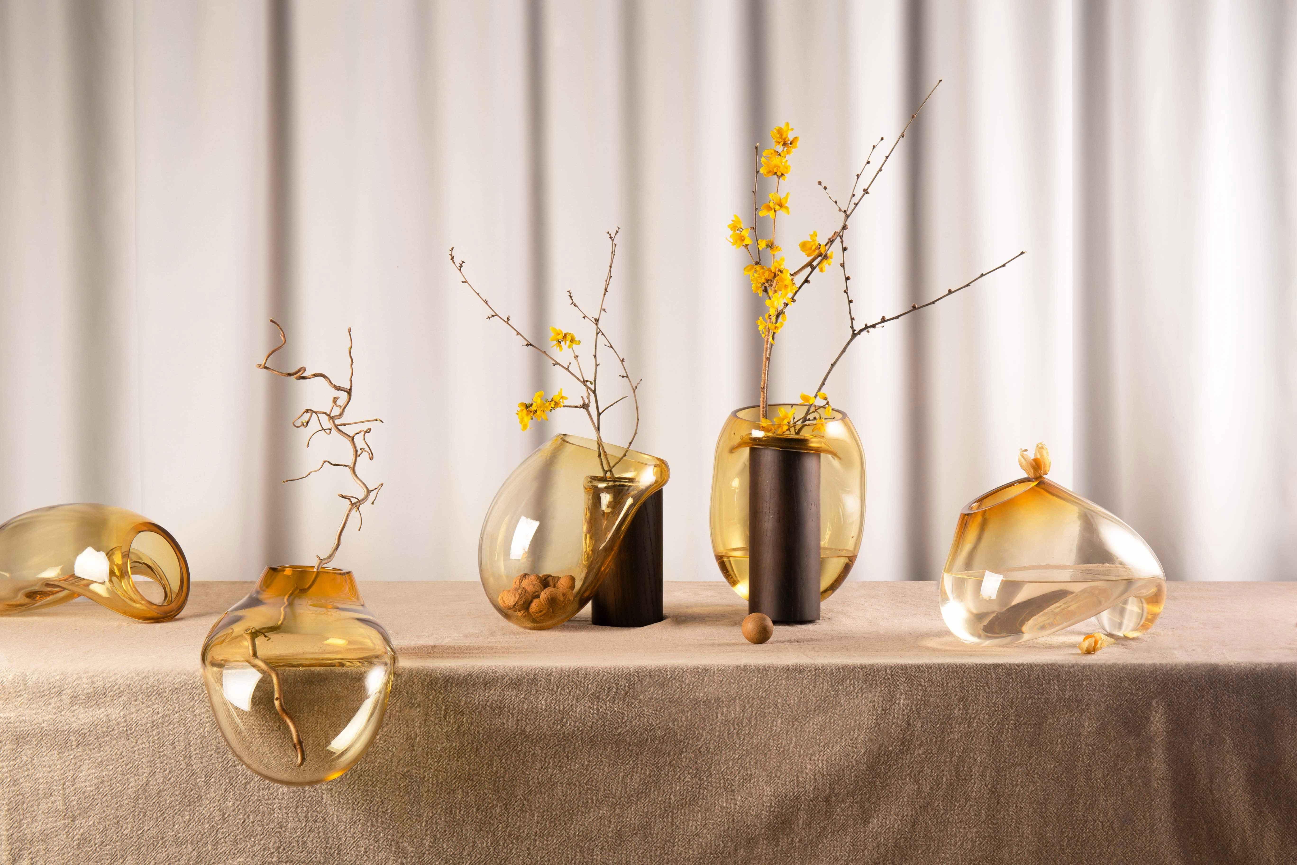 Ukrainian Modern Gutta Boon Vase CS2 by Noom in Blown Amber Glass and Oak Base