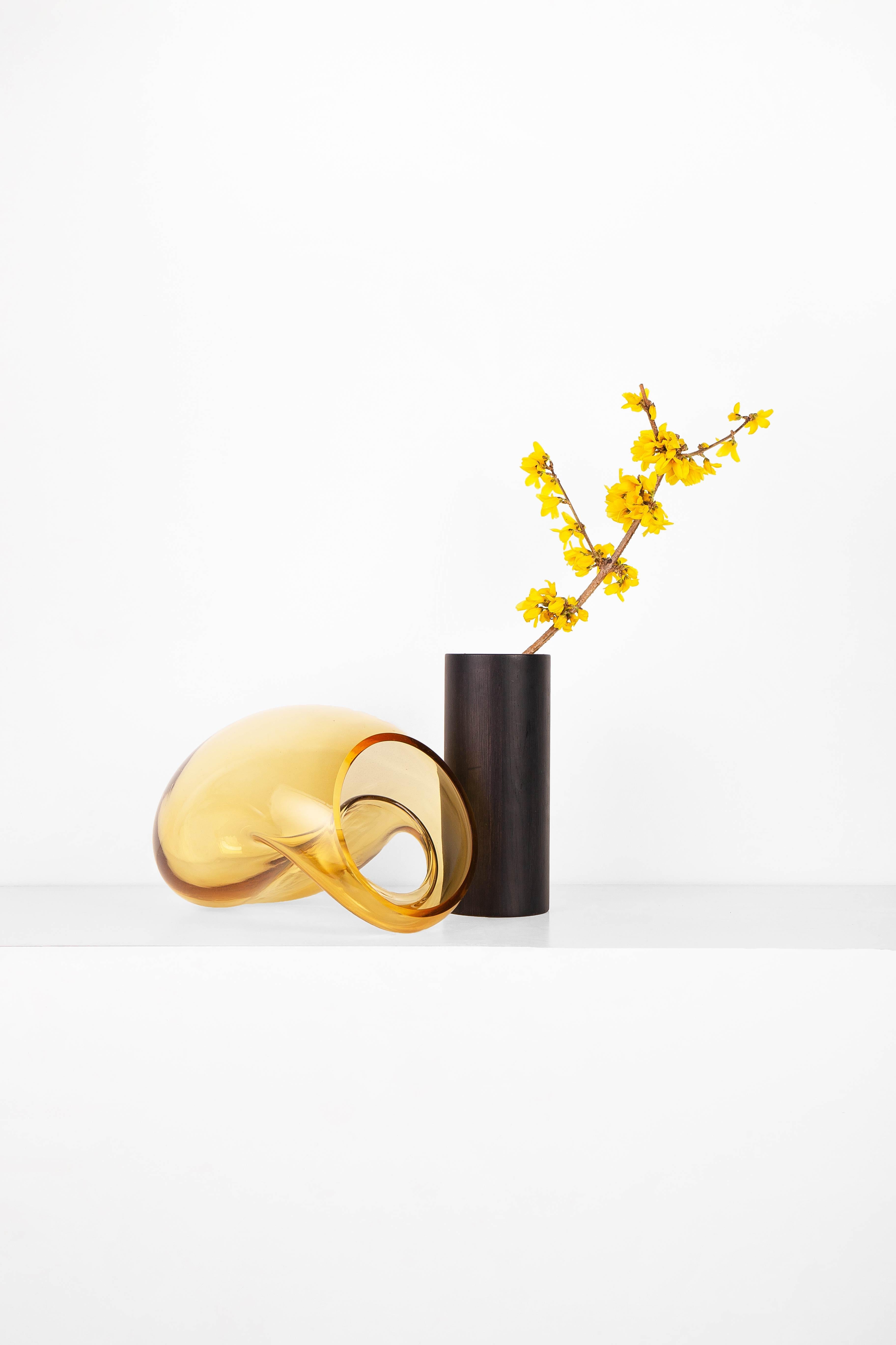 Contemporary Modern Gutta Boon Vase CS2 by Noom in Blown Amber Glass and Oak Base