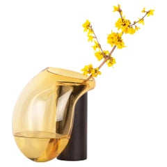 Modern Gutta Boon Vase CS2 by Noom in Blown Amber Glass and Oak Base