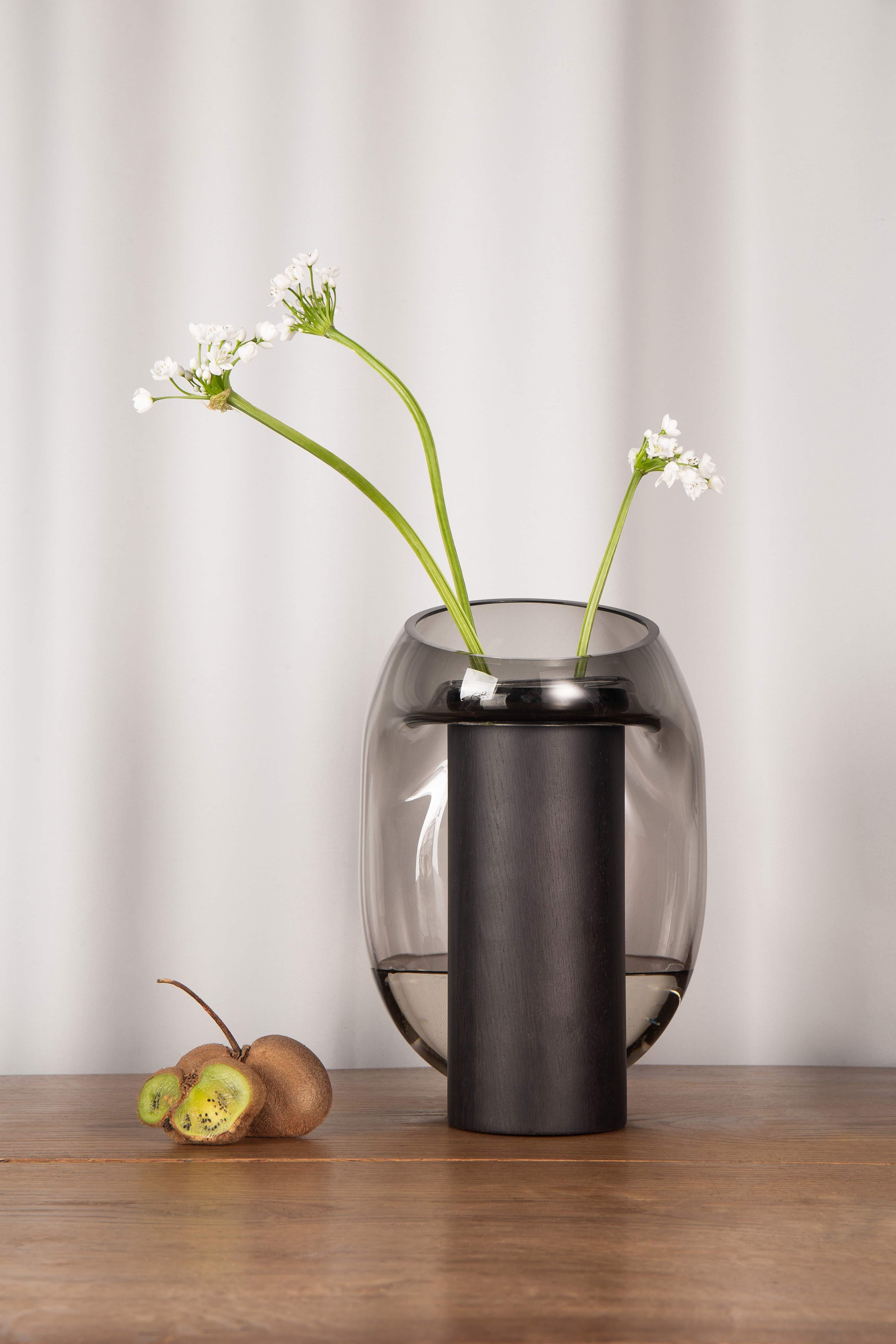 Modern Gutta Boon Vase CS3 by Noom in Blown Neutral Grey Glass and Oak Base 5