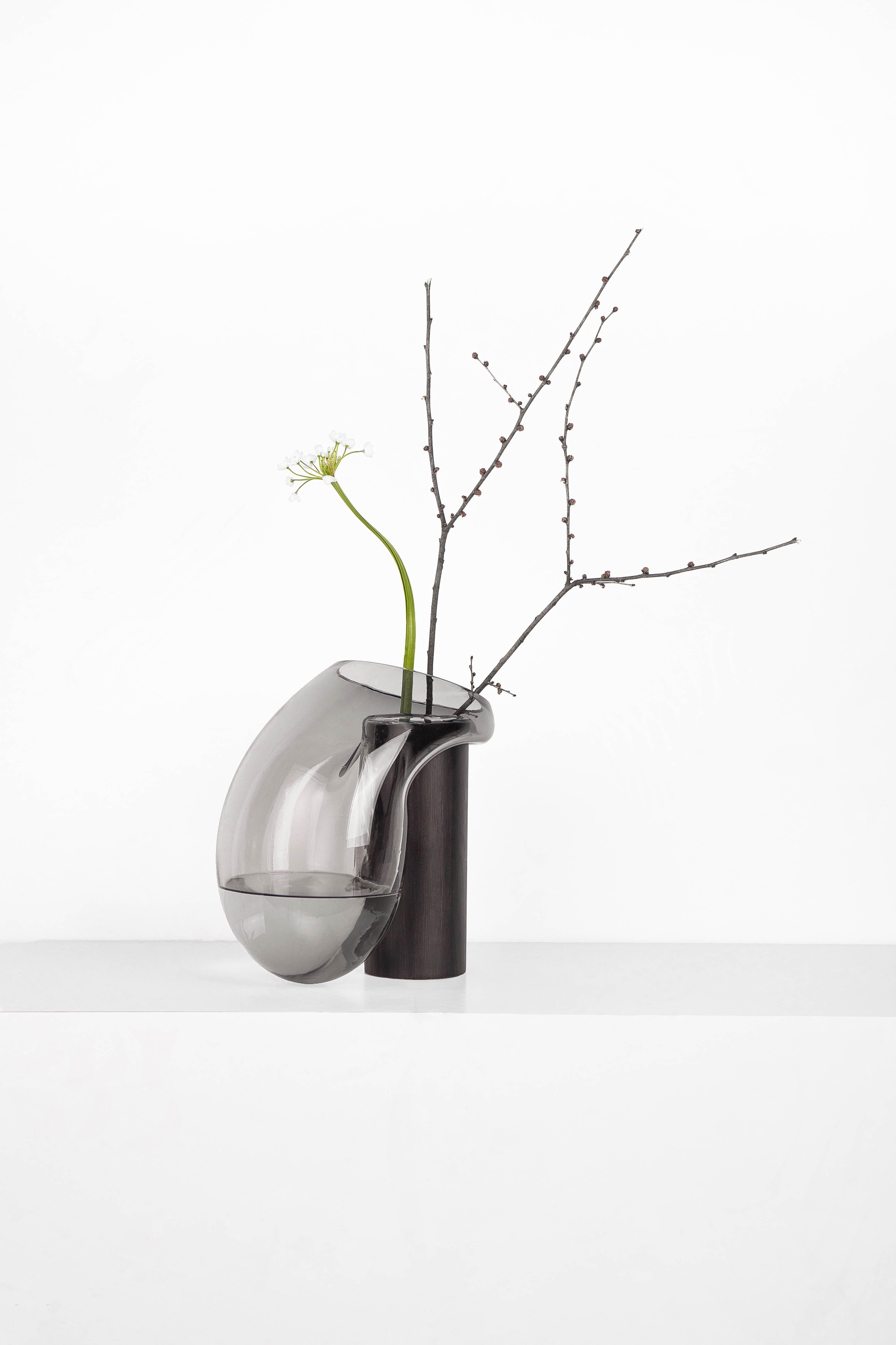 Modern Gutta Boon Vase CS3 by Noom in Blown Neutral Grey Glass and Oak Base 6