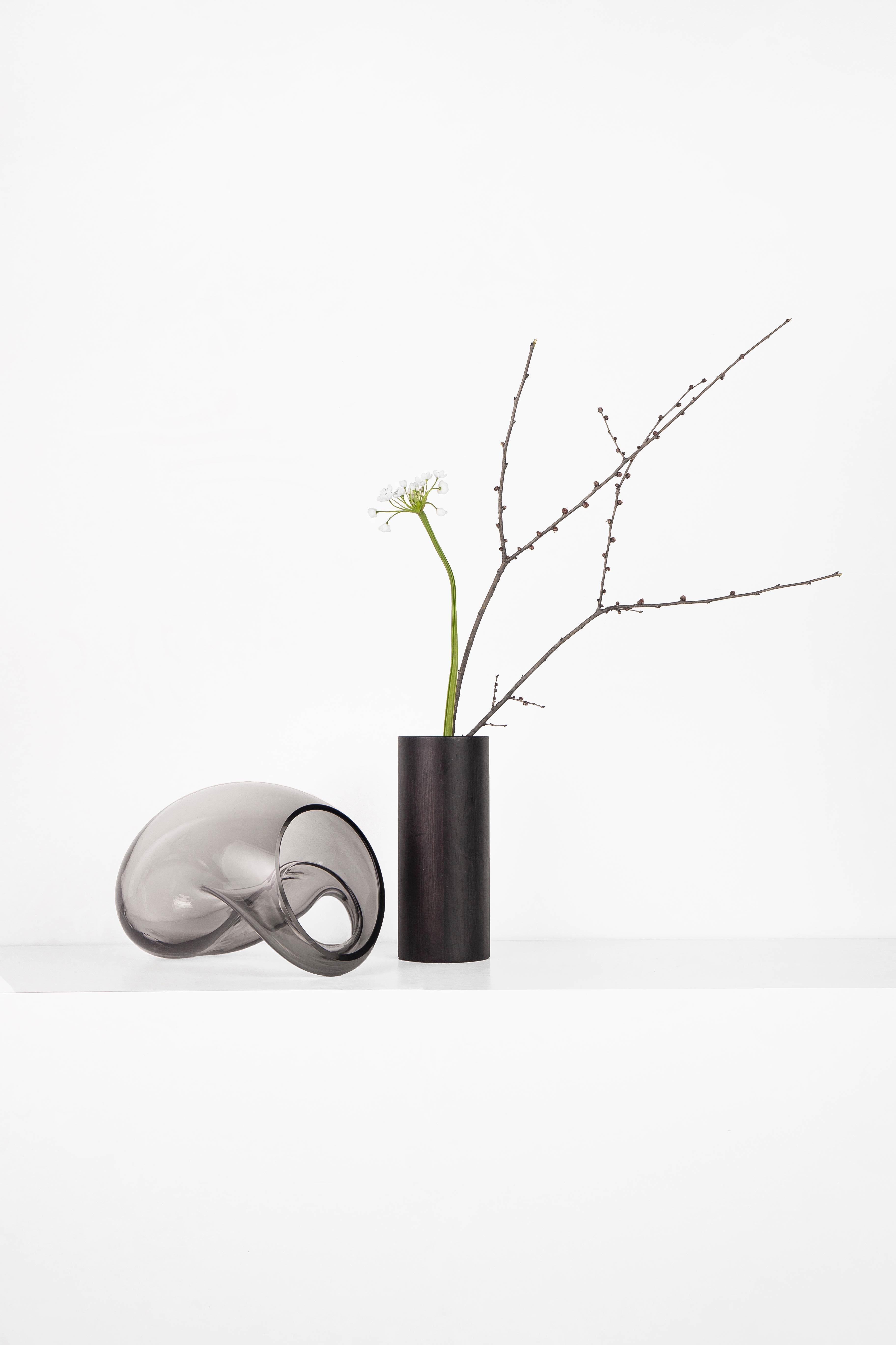 Modern Gutta Boon Vase CS3 by Noom in Blown Neutral Grey Glass and Oak Base 7