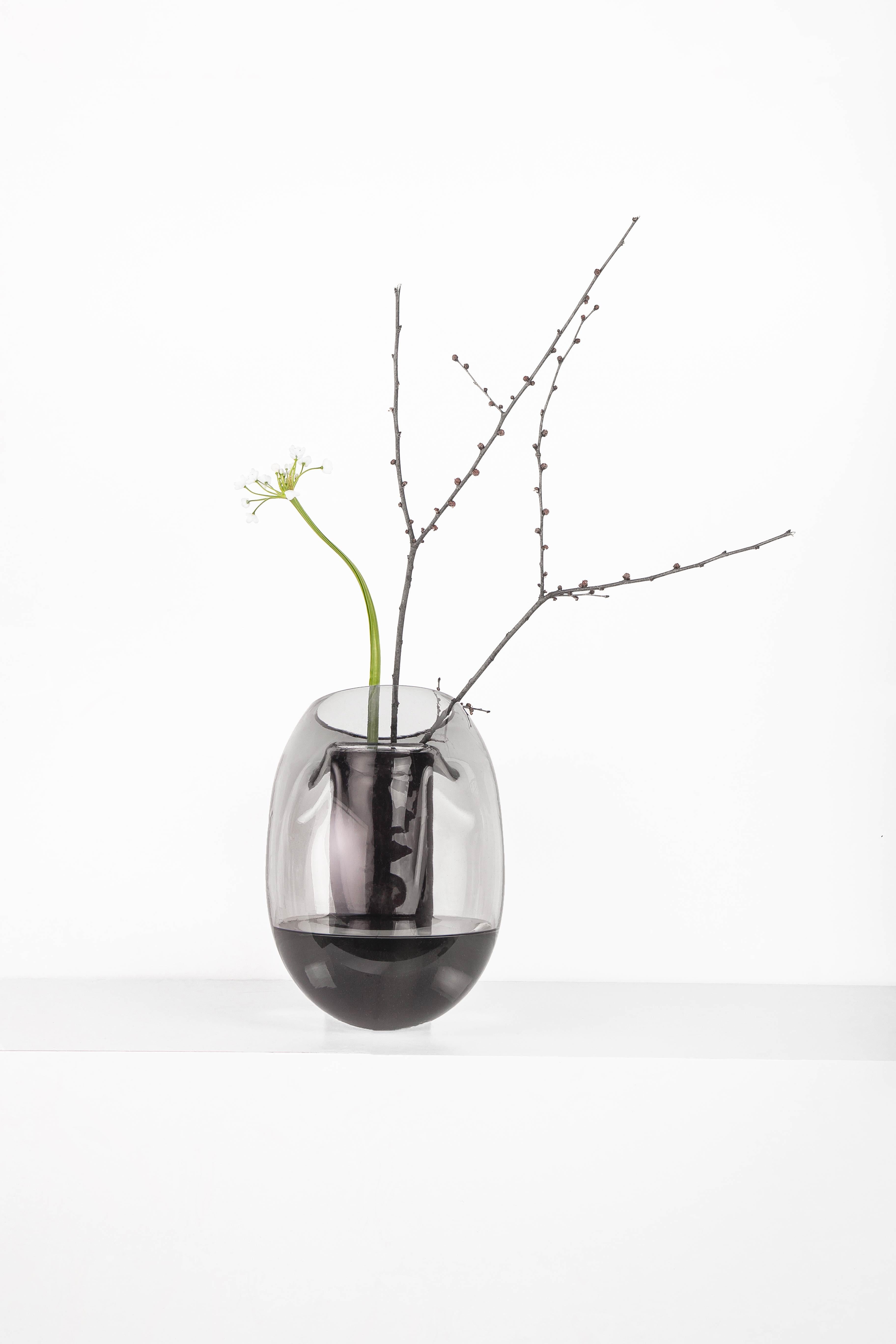 Modern Gutta Boon Vase CS3 by Noom in Blown Neutral Grey Glass and Oak Base 9