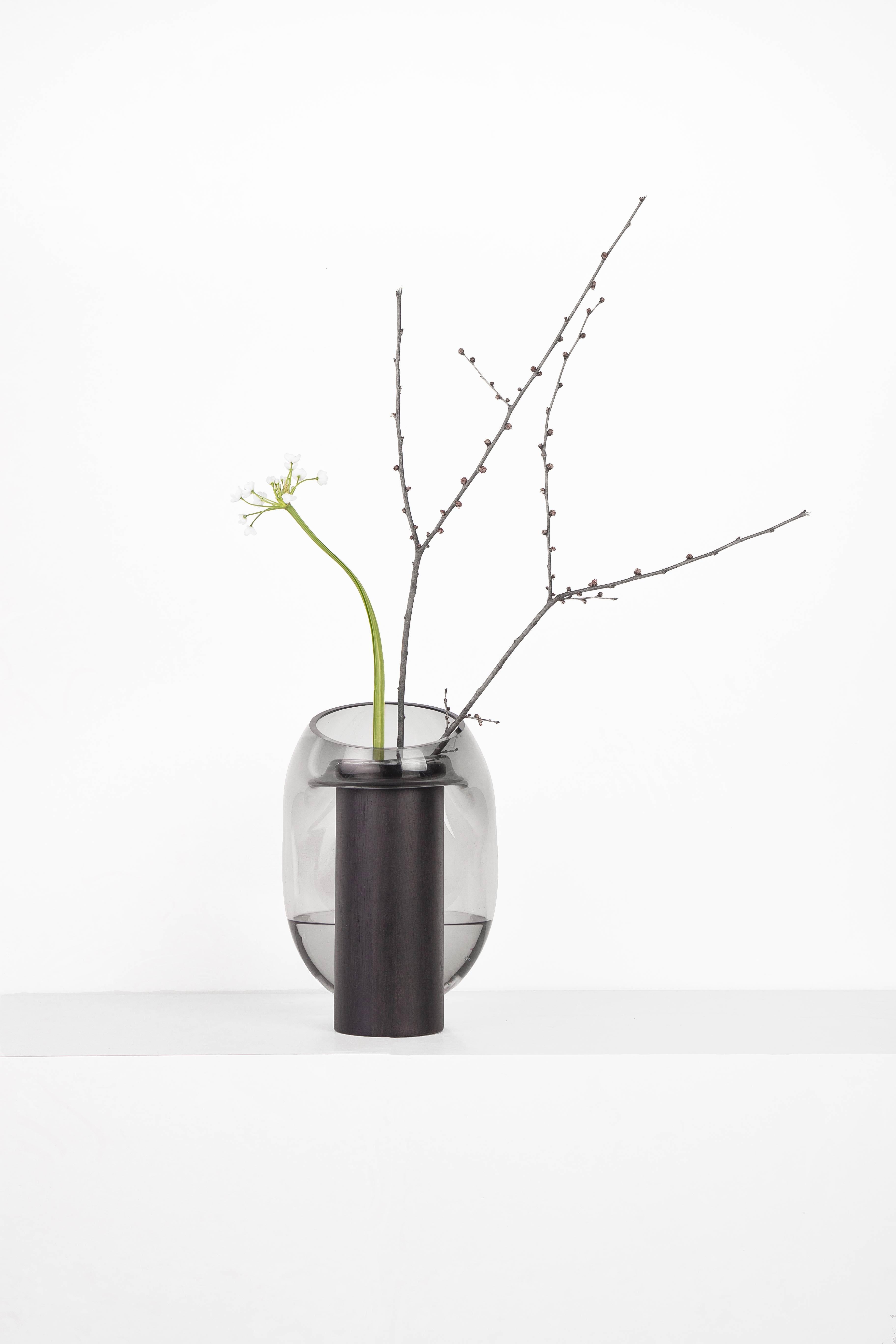 Modern Gutta Boon Vase CS3 by Noom in Blown Neutral Grey Glass and Oak Base 10