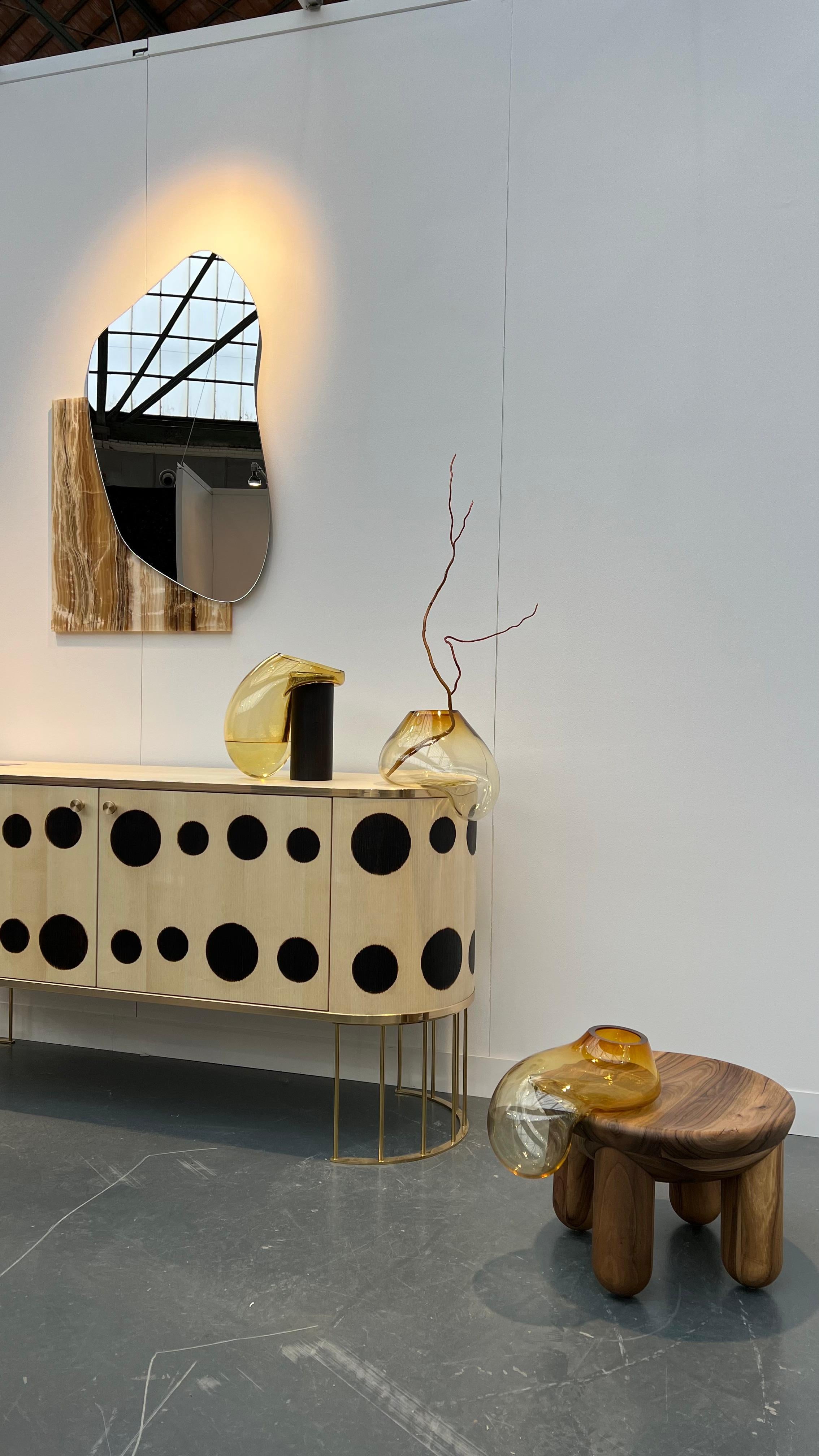 Gutta Boon Vase CS3 - Minimalist by Noom in Blown Neutral Grey Glass & Oak Base For Sale 13