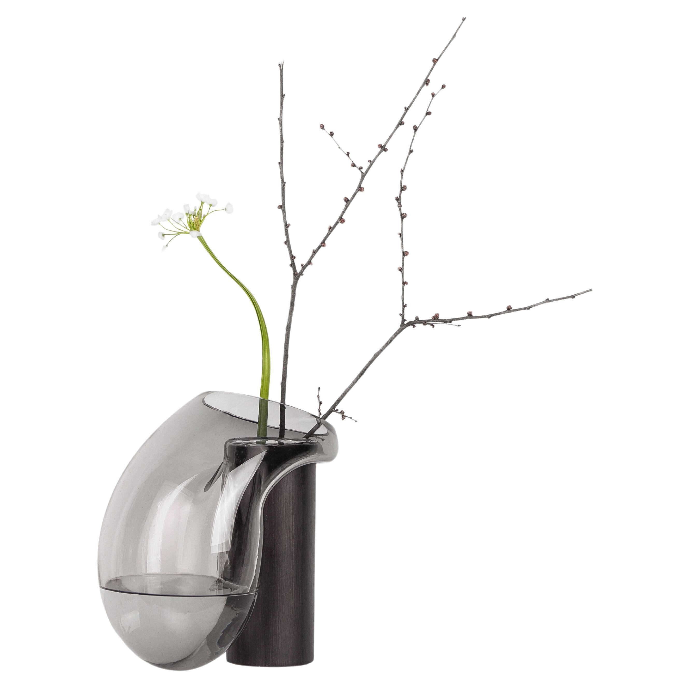 Modern Gutta Boon Vase CS3 by Noom in Blown Neutral Grey Glass and Oak Base