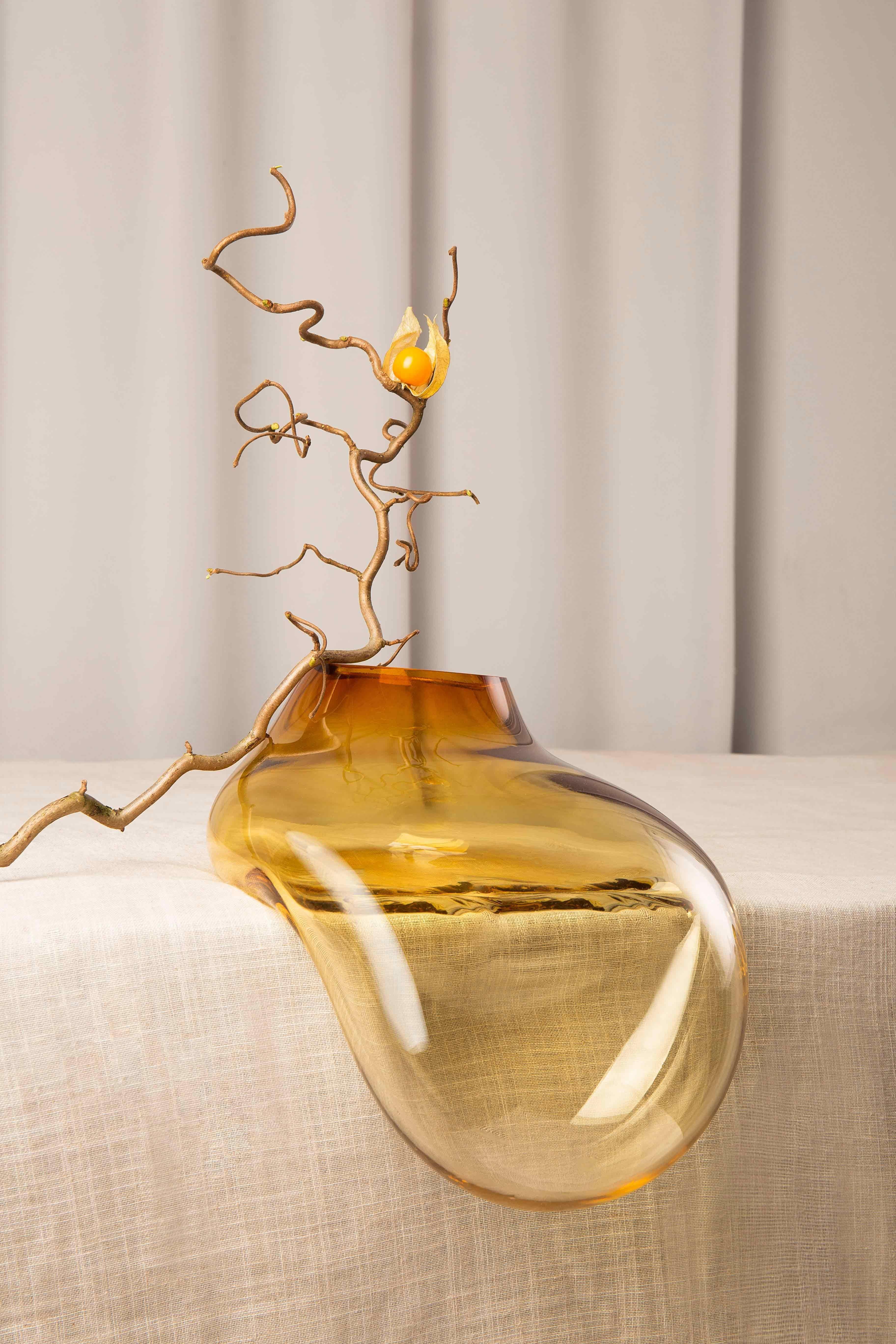Contemporary Modern Gutta Vase CS2 by Noom in Blown Amber glass