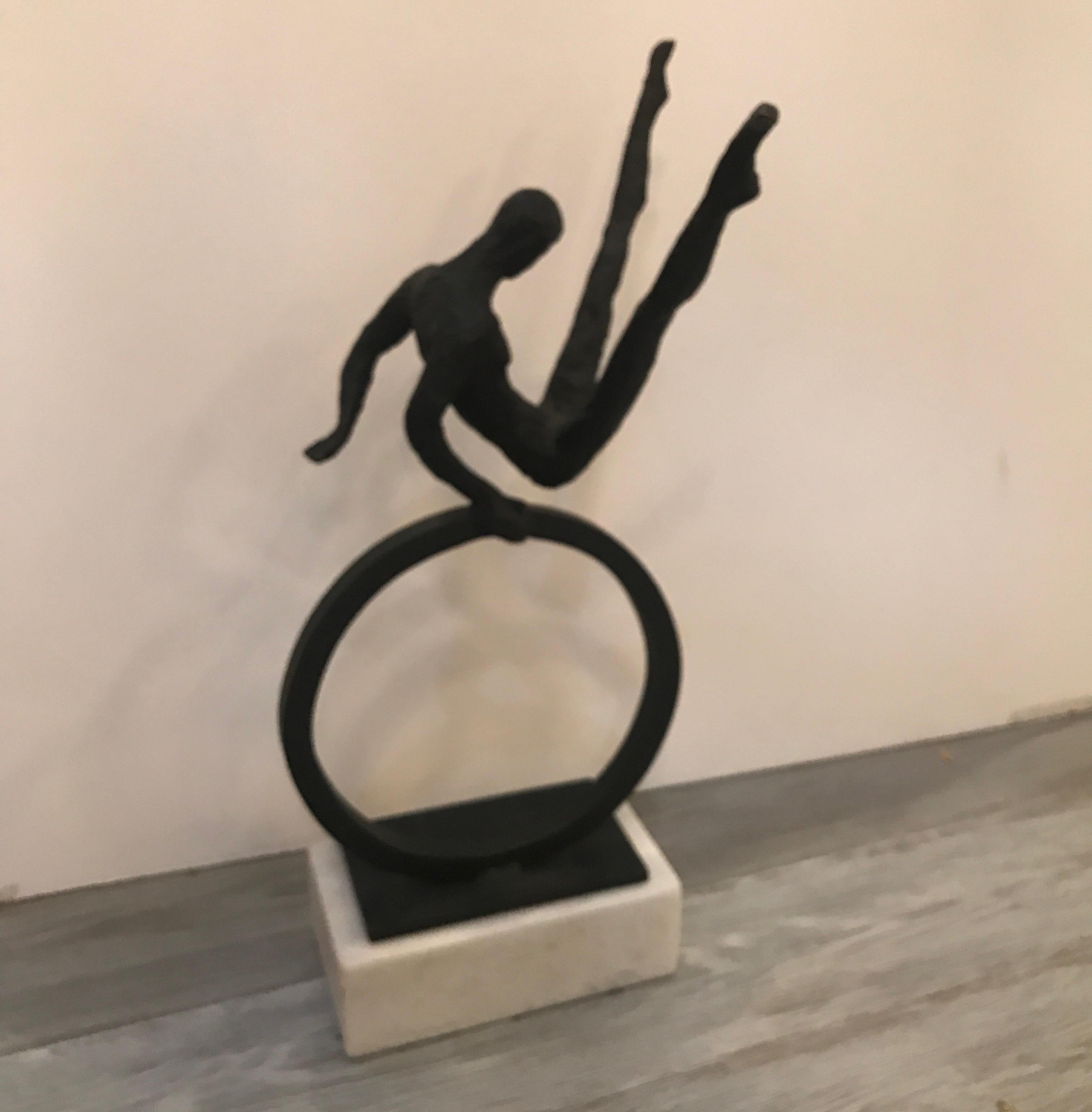 Patinated Modern Gymnast Sculpture Iron and Marble