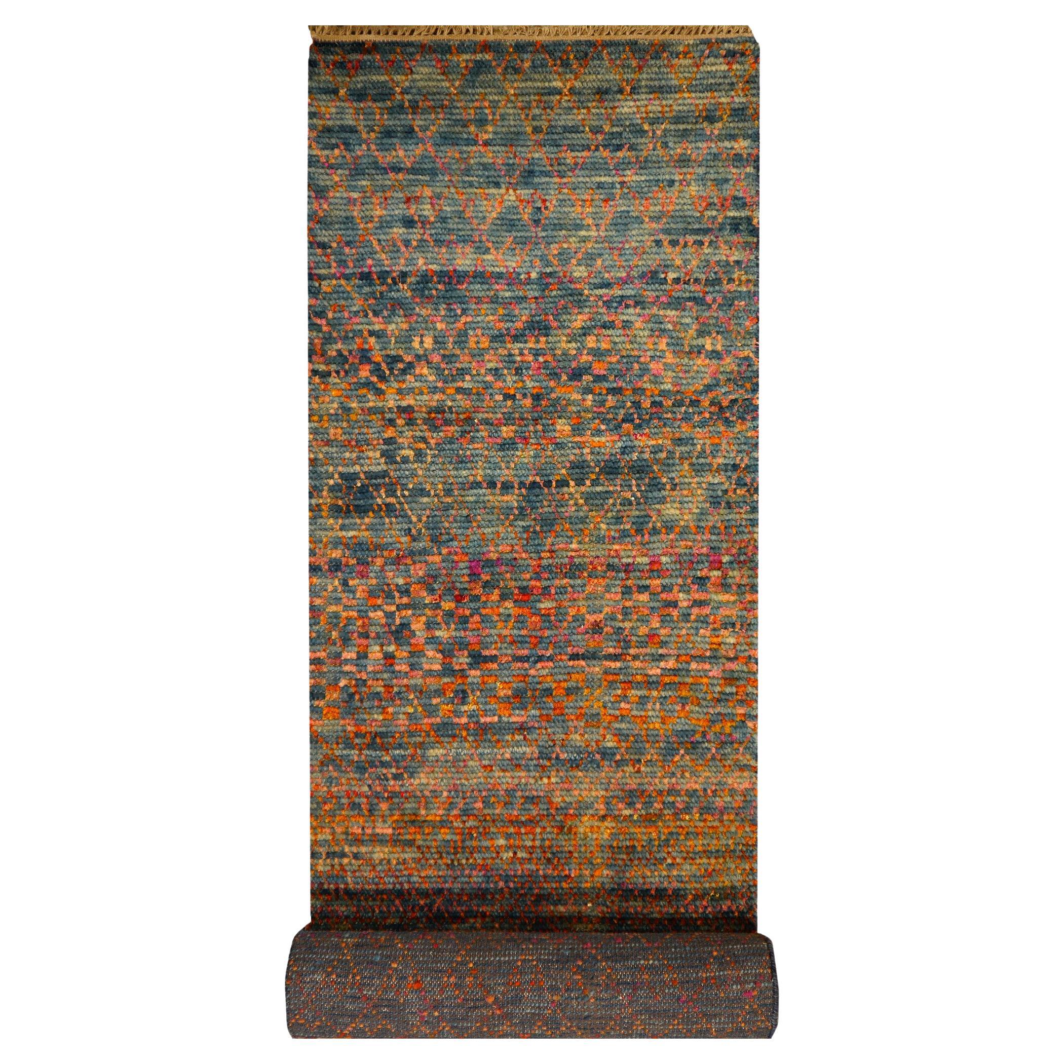 Modern Hallway Runner Design Rug Hand Knotted Wool and Silk Djoharian Collection For Sale