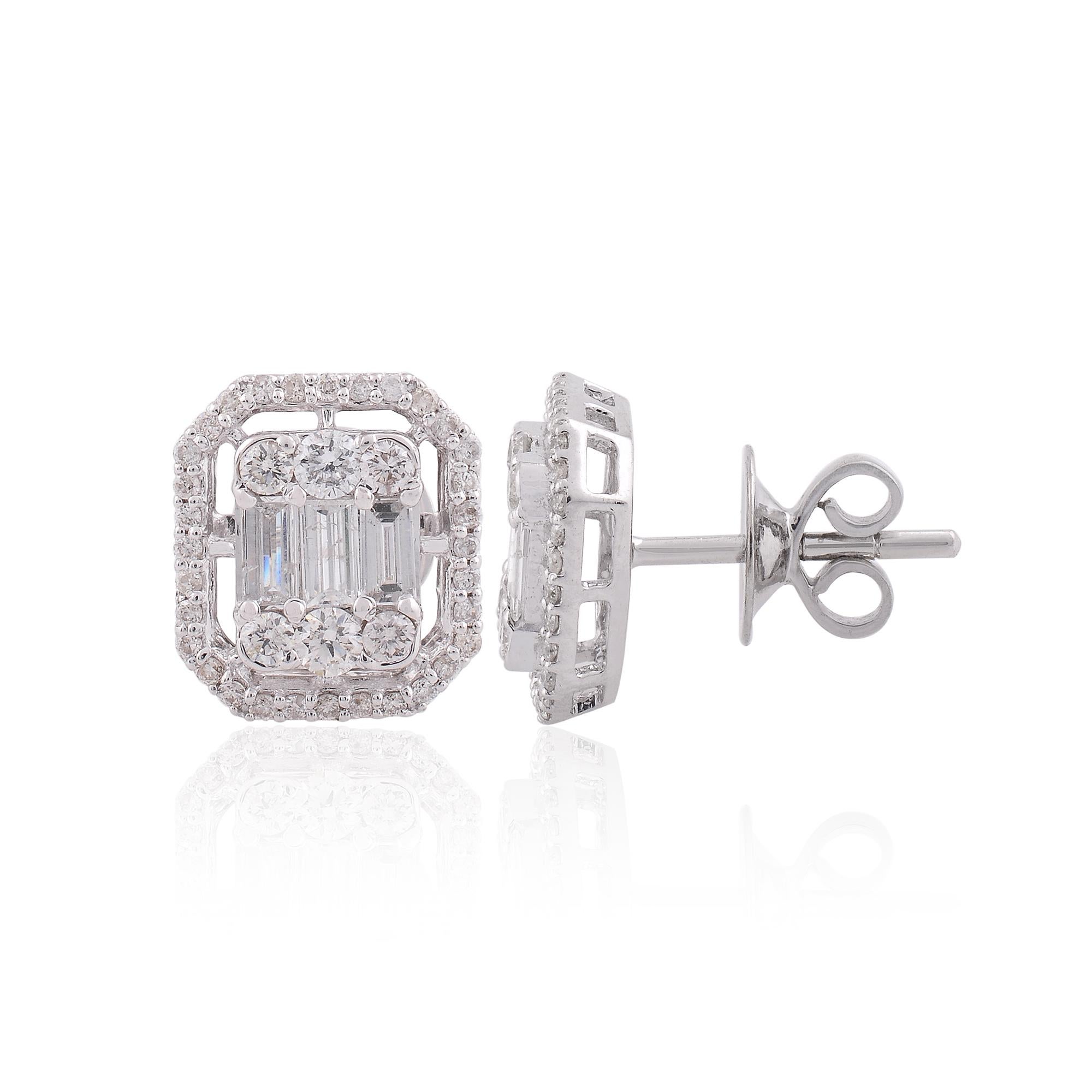 Mixed Cut Modern Halo 1.10ct Diamond Cluster Octagon Dainty Stud Earrings 18k White Gold For Sale