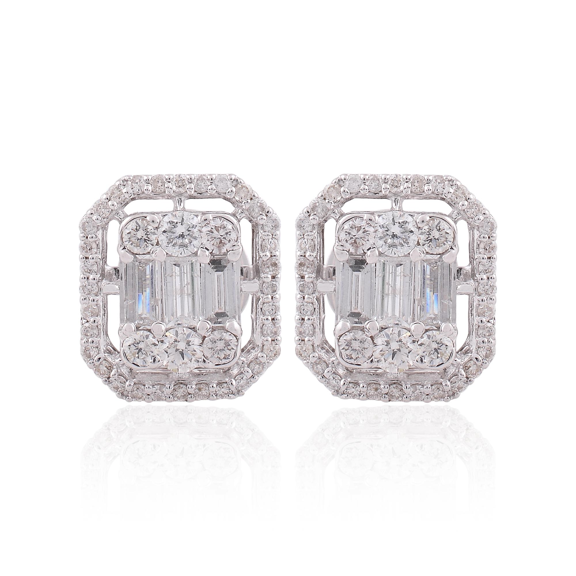 Modern Halo 1.10ct Diamond Cluster Octagon Dainty Stud Earrings 18k White Gold For Sale