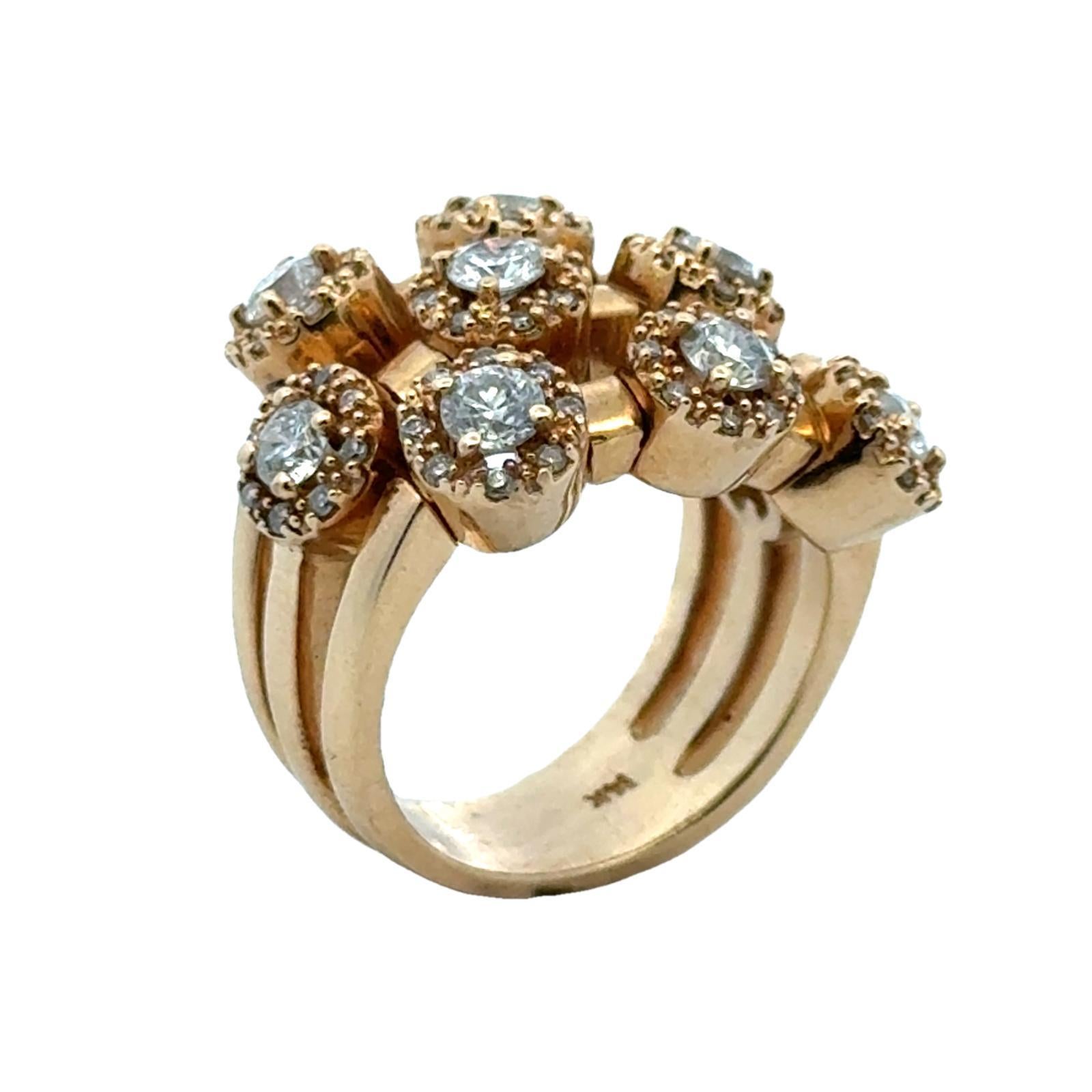 Round Cut Modern Halo Diamond 14 Karat Yellow Gold Three Row Band Ring For Sale