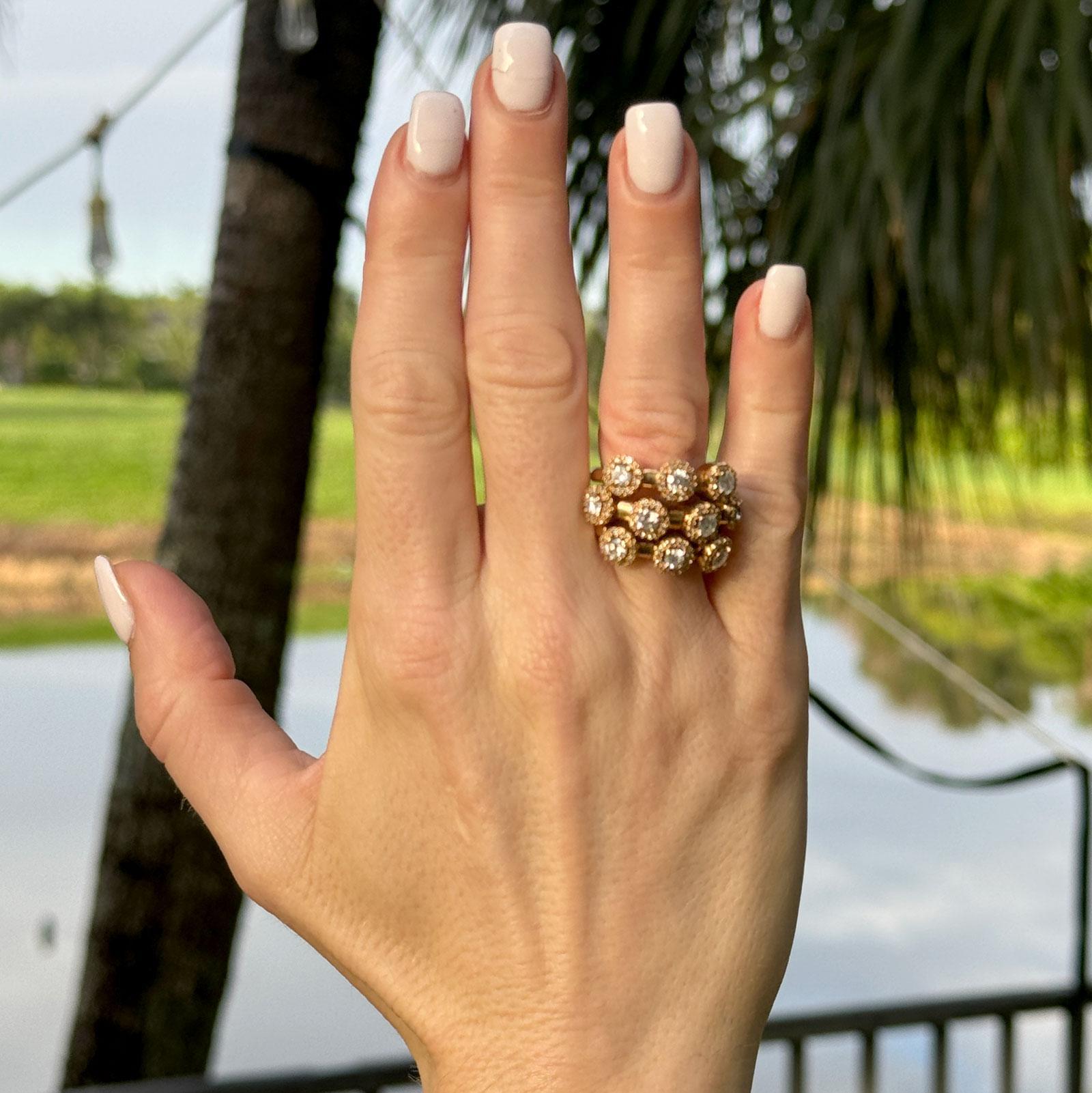 Modern Halo Diamond 14 Karat Yellow Gold Three Row Band Ring In Excellent Condition For Sale In Boca Raton, FL