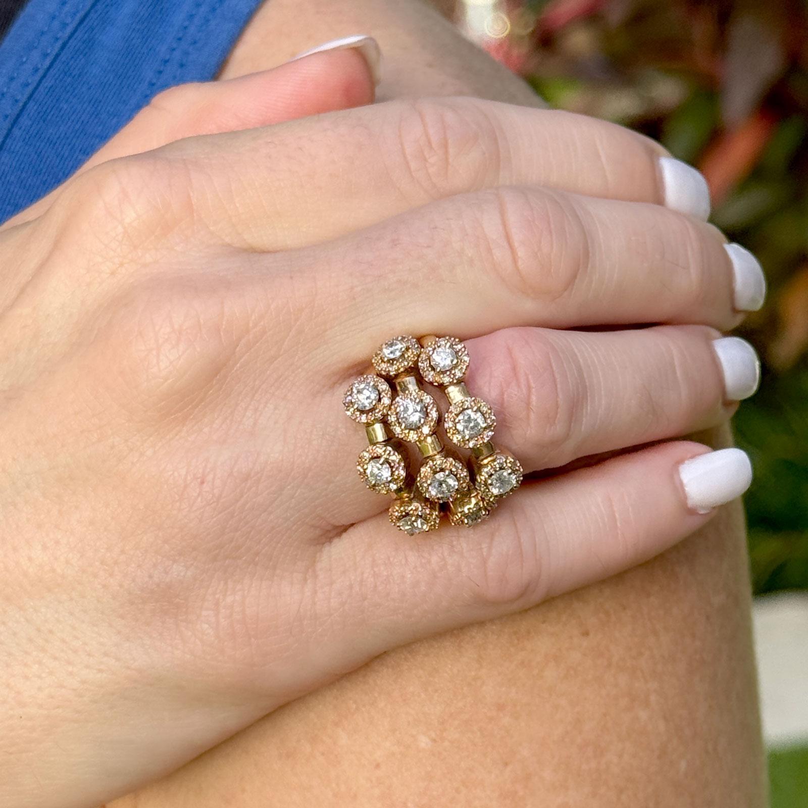 Modern Halo Diamond 14 Karat Yellow Gold Three Row Band Ring For Sale 1