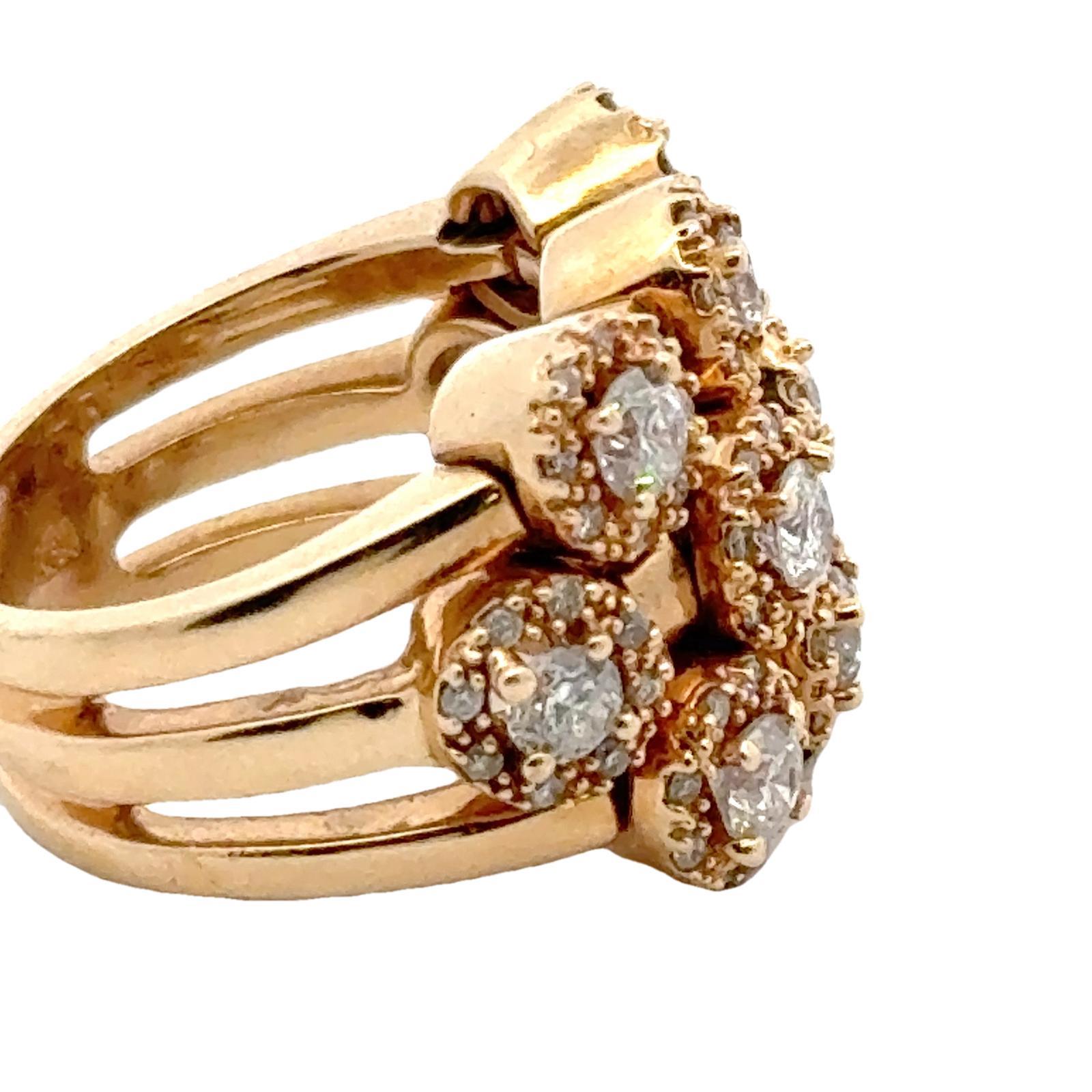 Modern Halo Diamond 14 Karat Yellow Gold Three Row Band Ring For Sale 2