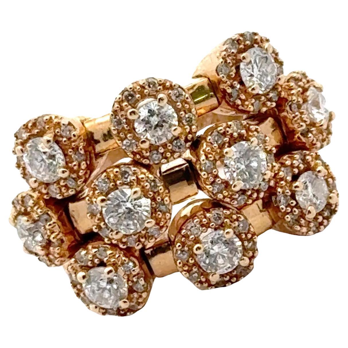 Modern Halo Diamond 14 Karat Yellow Gold Three Row Band Ring