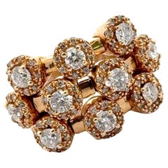 Modern Halo Diamond 14 Karat Yellow Gold Three Row Band Ring