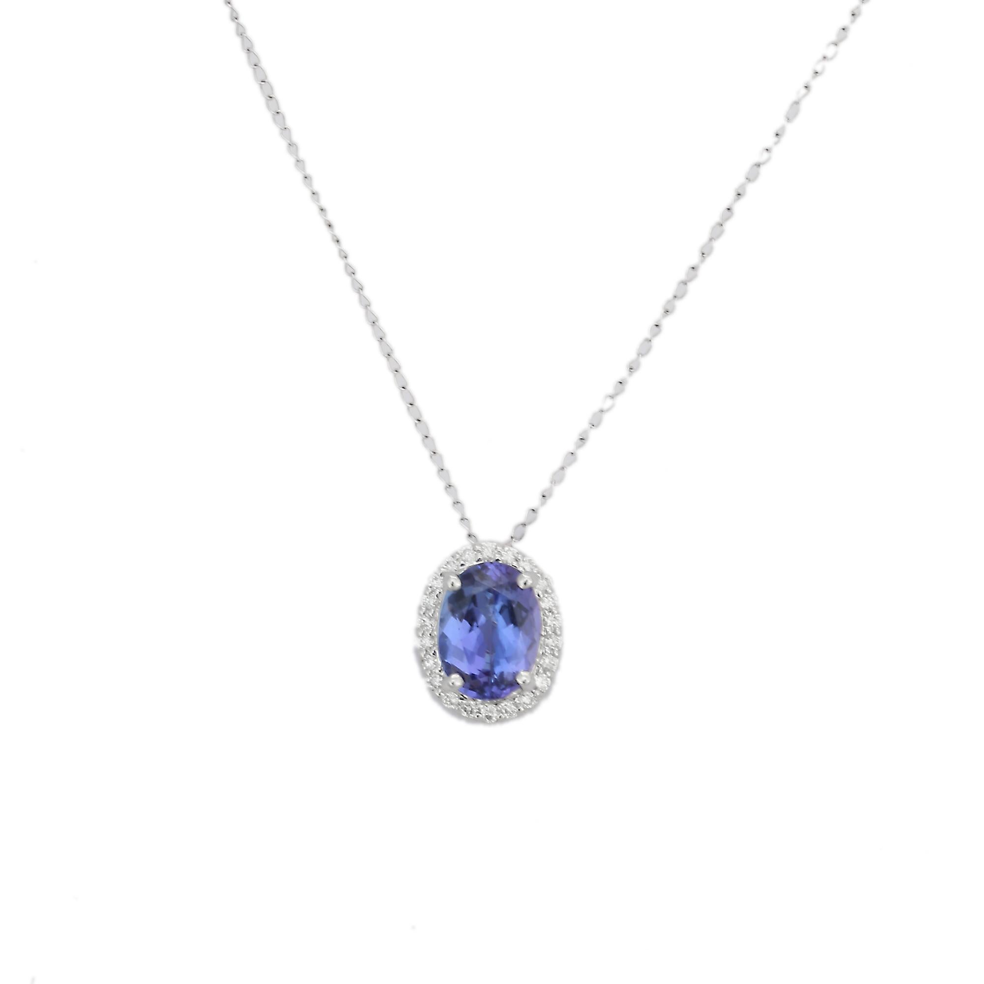 Modern Halo Diamond Tanzanite Solitaire Necklace 18k Solid White Gold, Everyday Jewelry For Sale