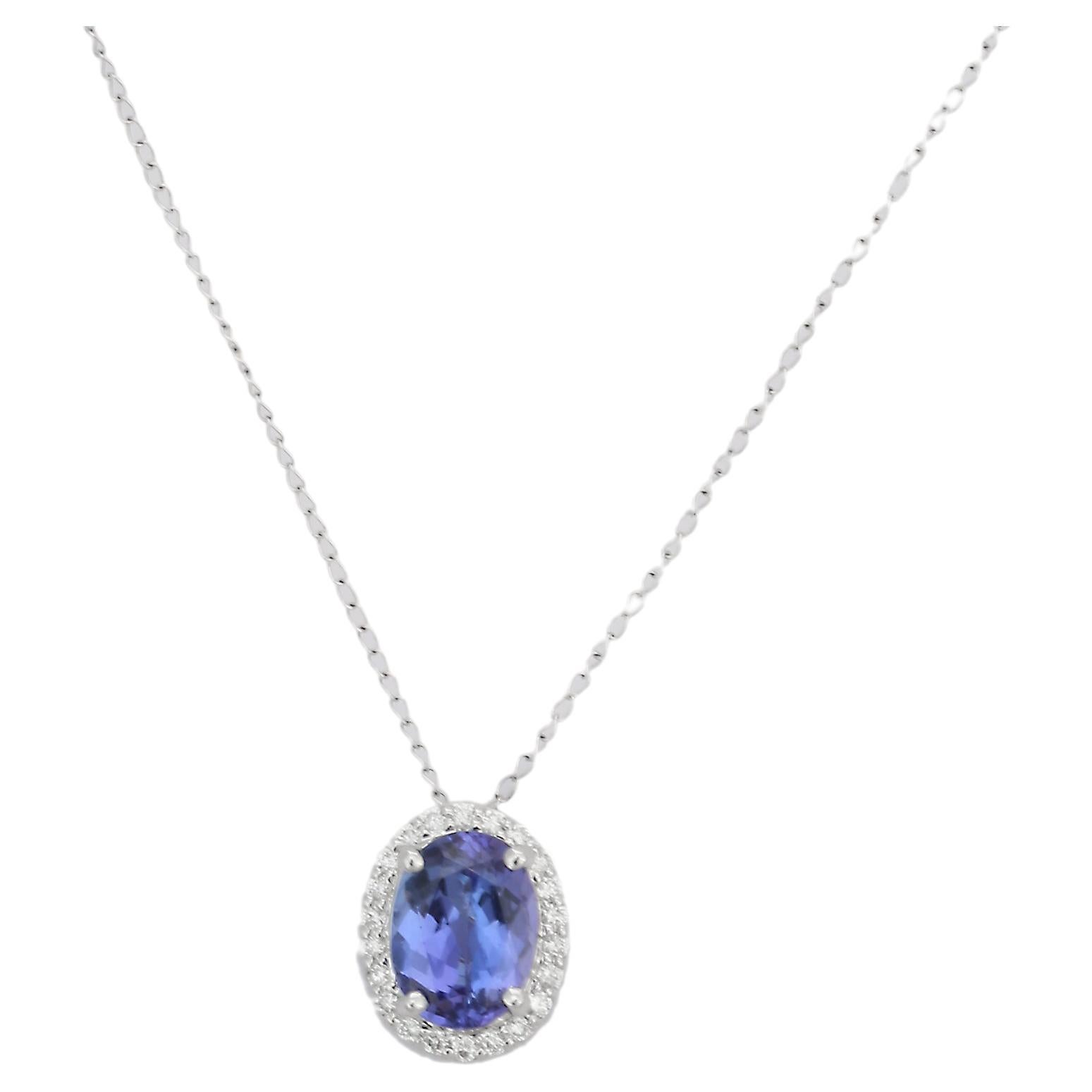 Halo Diamond Tanzanite Solitaire Necklace 18k Solid White Gold, Everyday Jewelry For Sale