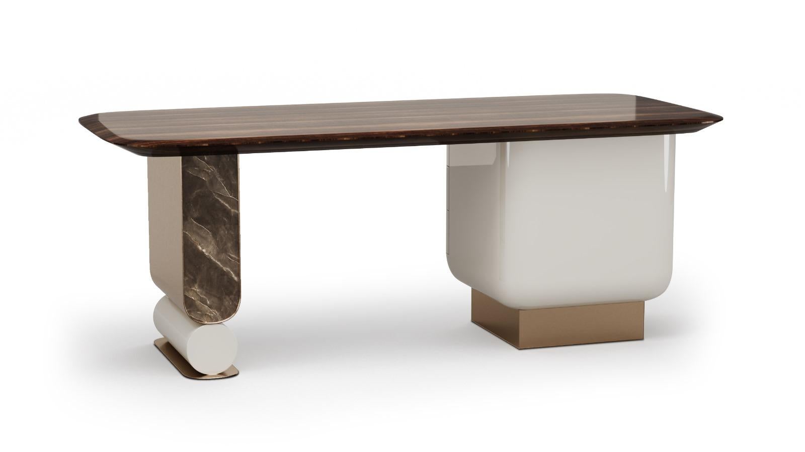 Portuguese Modern Hamptons Desk in Eucalyptus Wood with Marble and Brass Accents For Sale