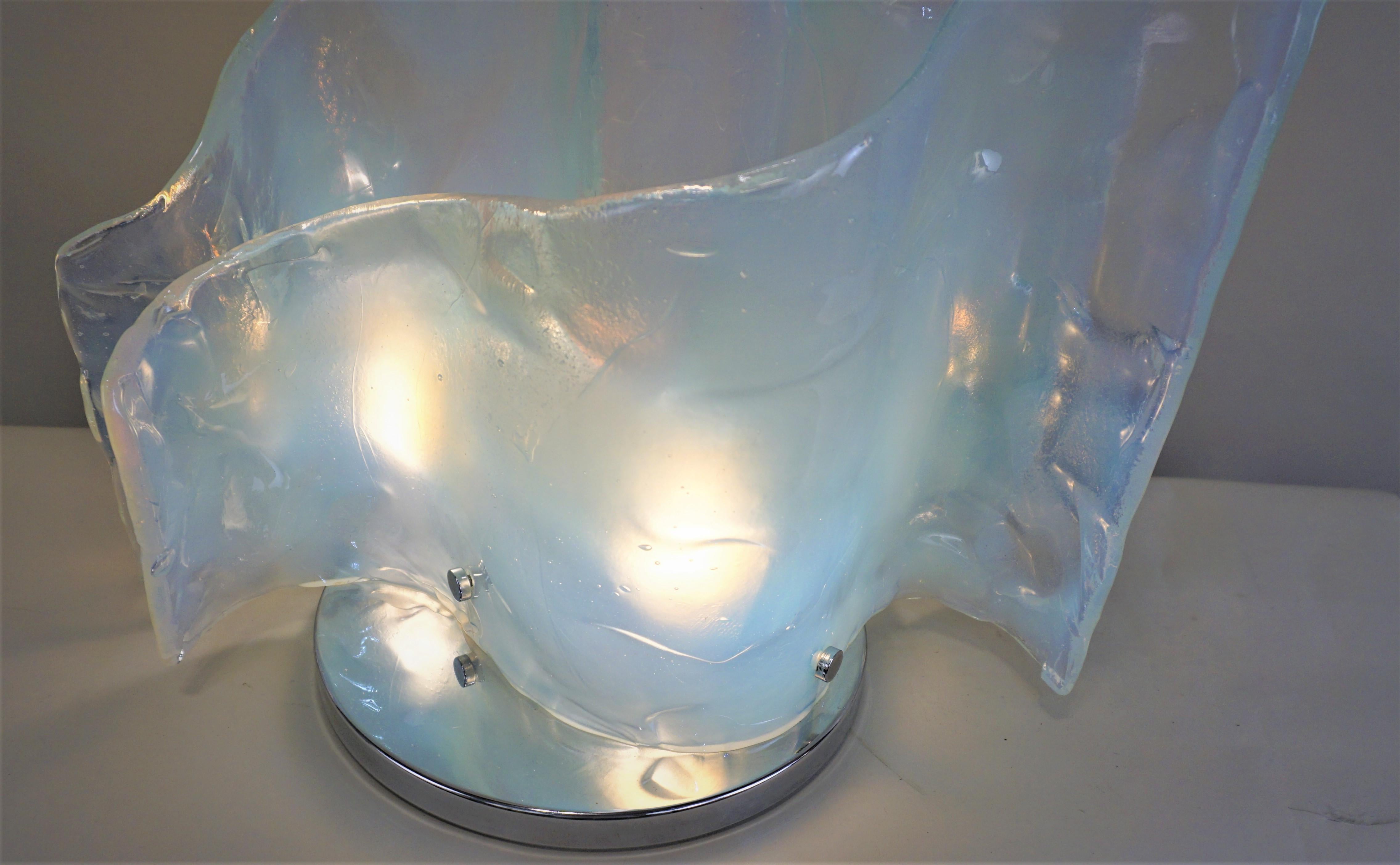 French 1960s two large textured hand blown sculptured opaline glass table lamp with chrome base.
