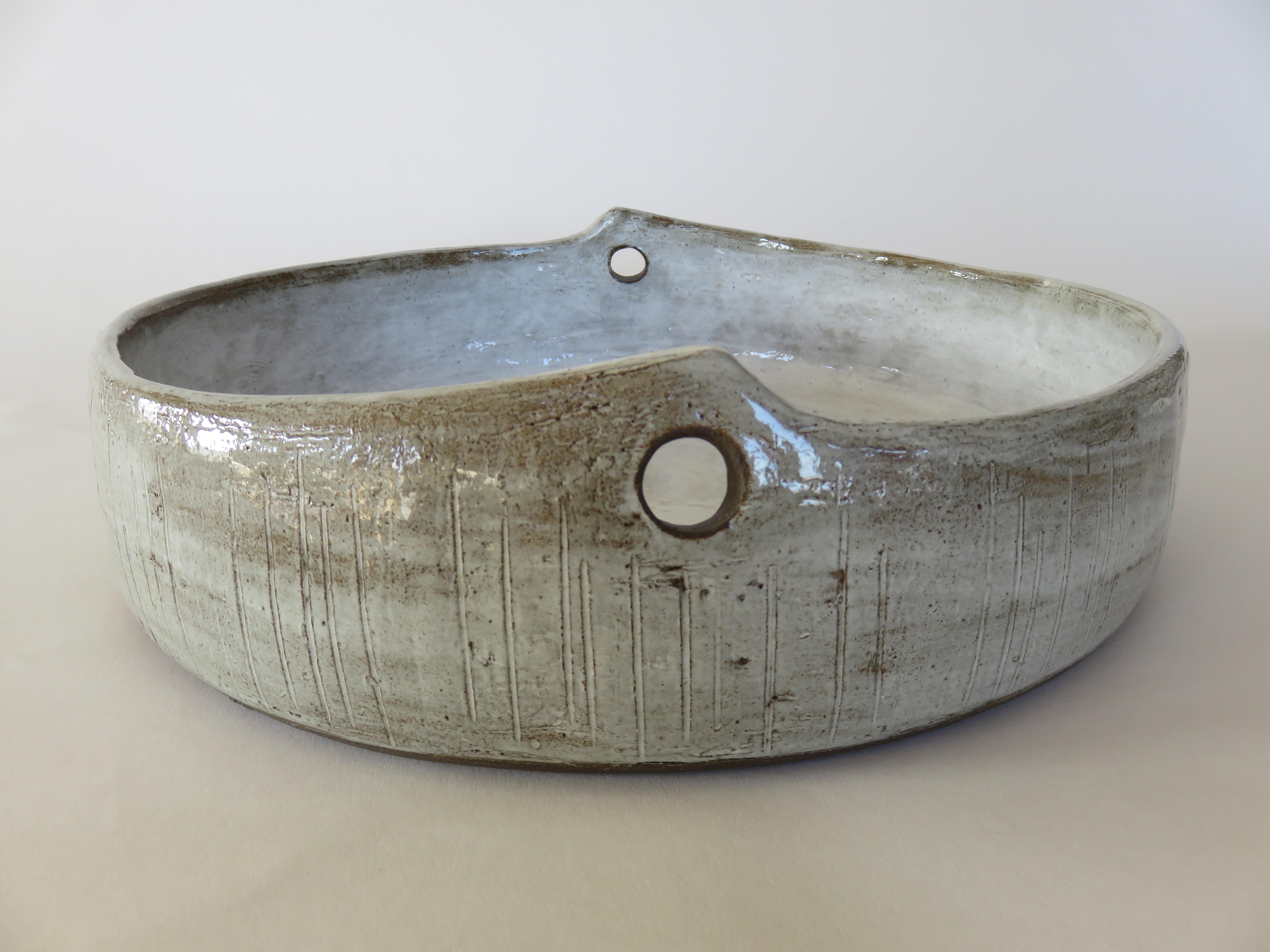 Modern Hand Carved Ceramic Serving Bowl, Mottled Glossy White Glaze, Hand Built 1