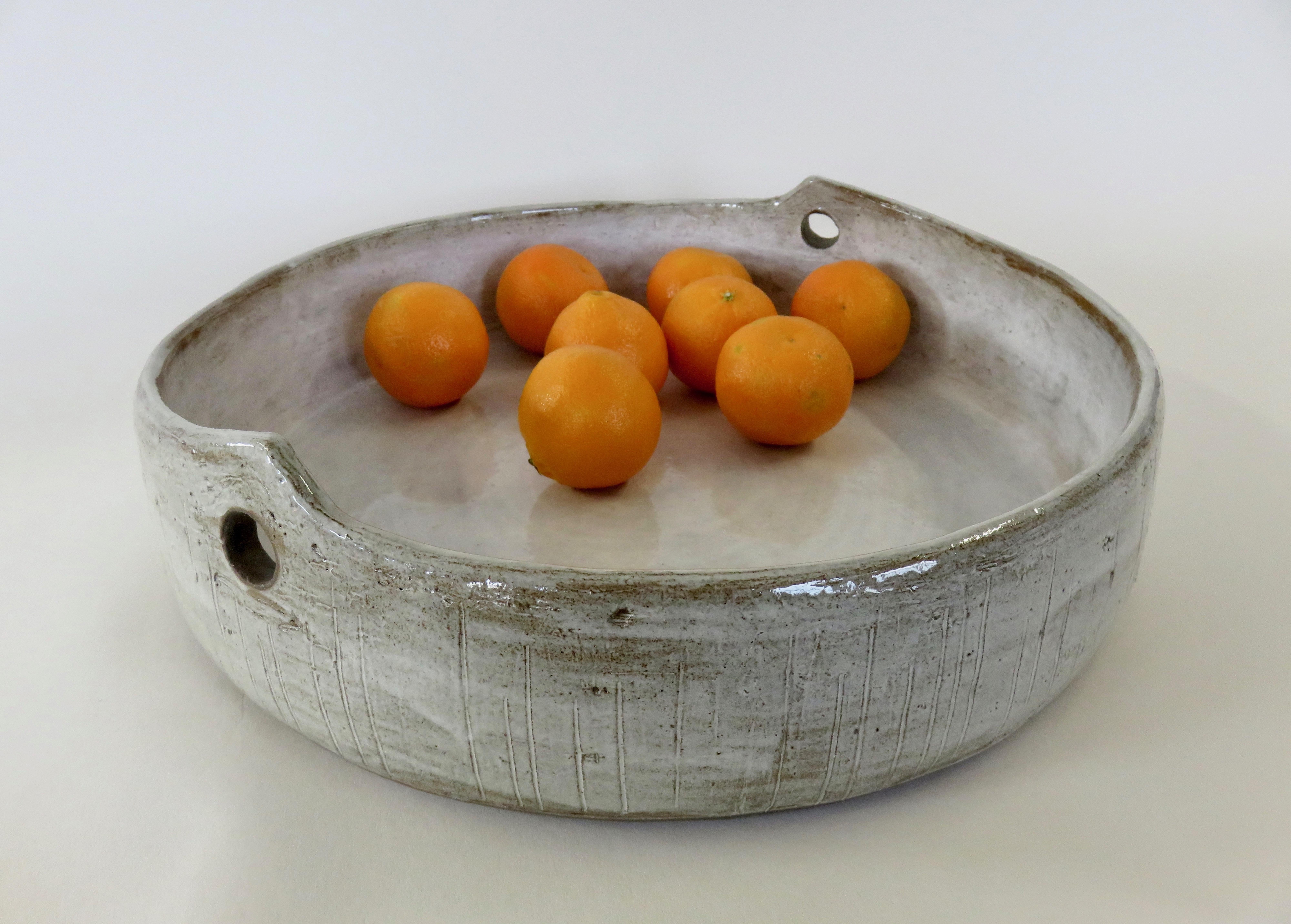 Modern Hand Carved Ceramic Serving Bowl, Mottled Glossy White Glaze, Hand Built 14