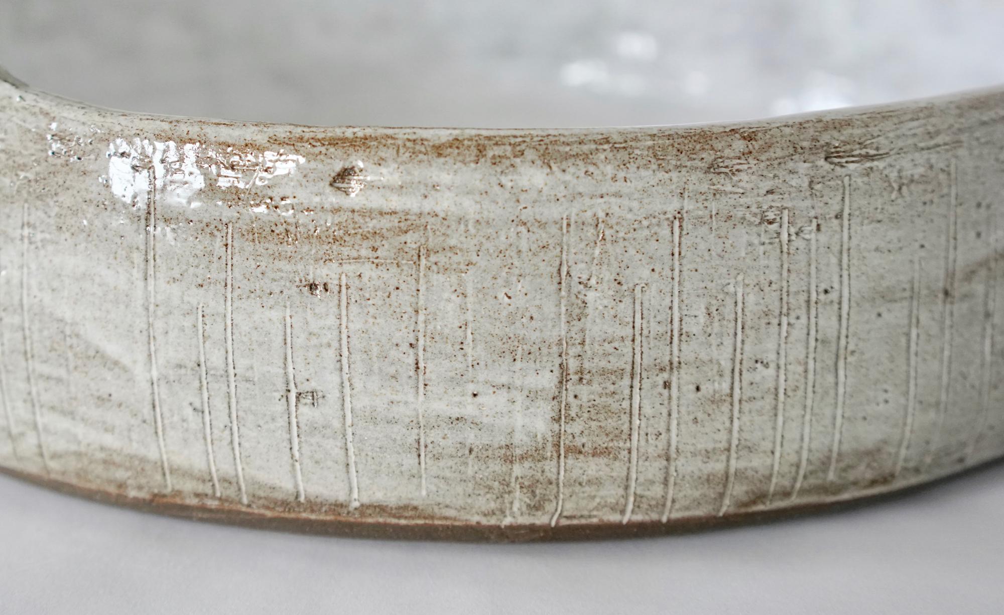 Modern Hand Carved Ceramic Serving Bowl, Mottled Glossy White Glaze, Hand Built 2