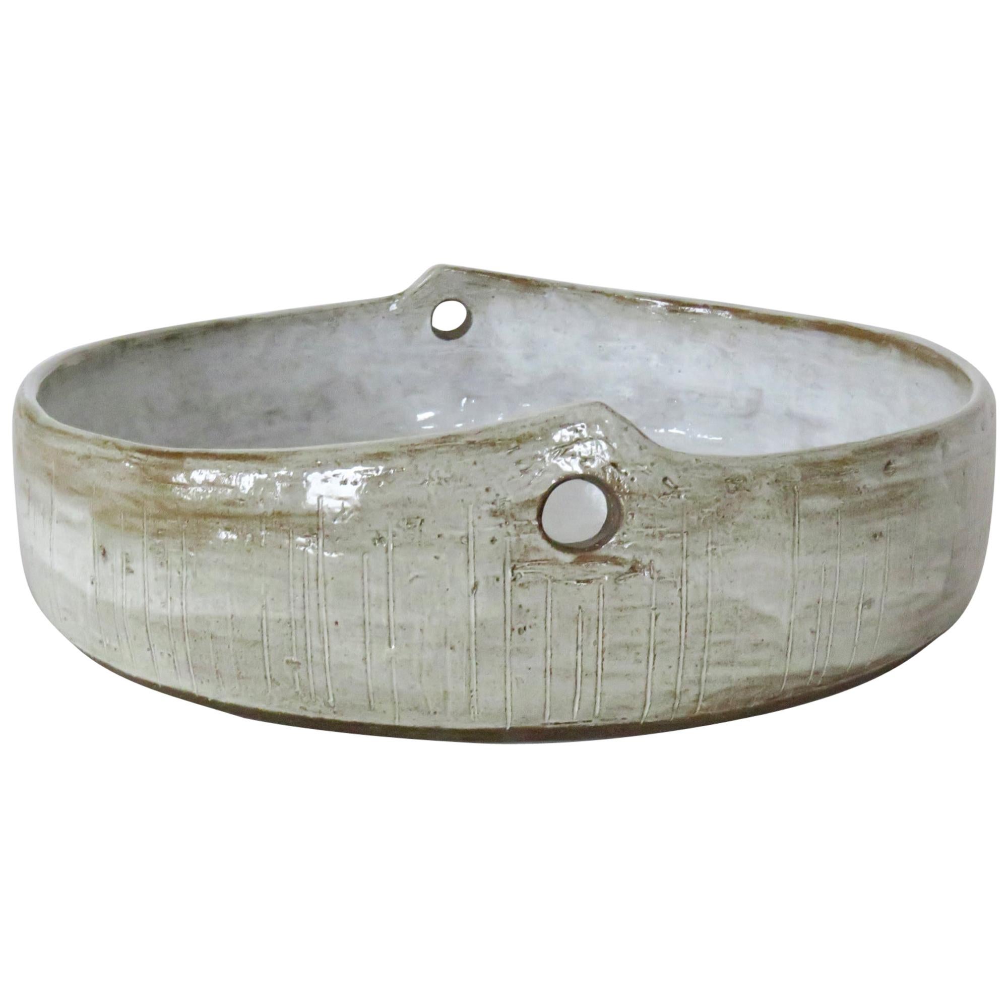 Modern Hand Carved Ceramic Serving Bowl, Mottled Glossy White Glaze, Hand Built
