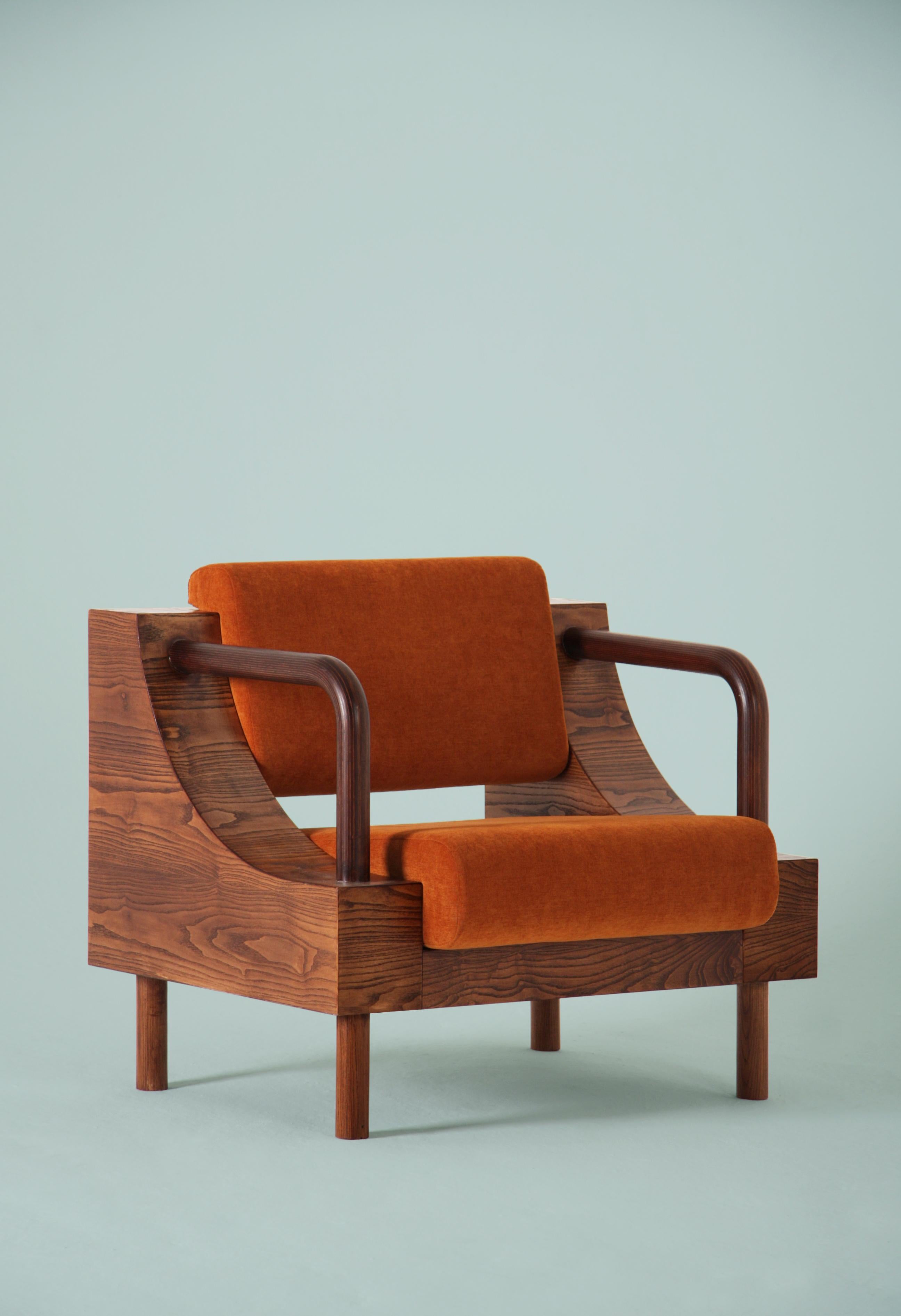 European Modern Handcrafted Wooden Armchair with Velvet For Sale