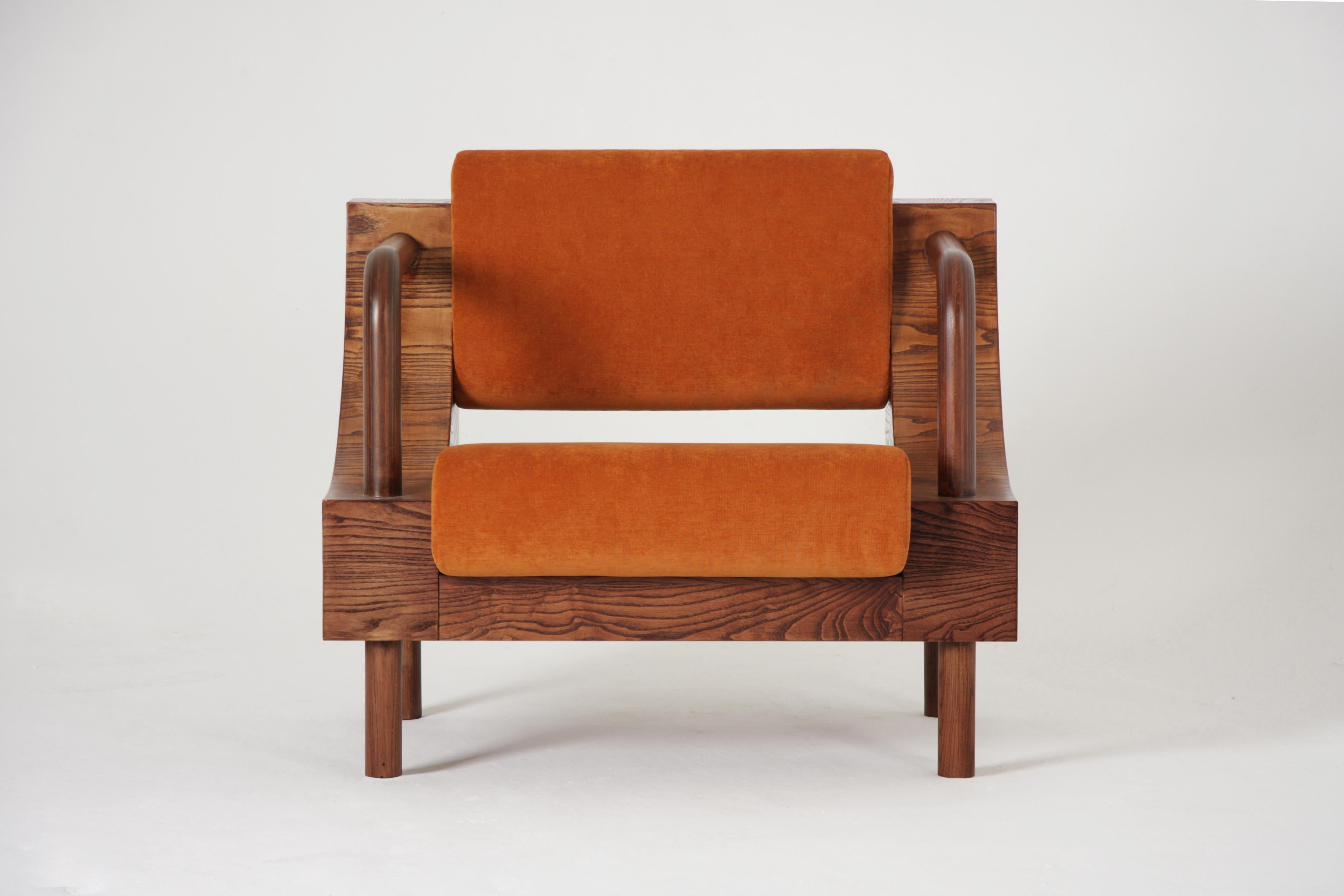 Hand-Crafted Modern Handcrafted Wooden Armchair with Velvet For Sale