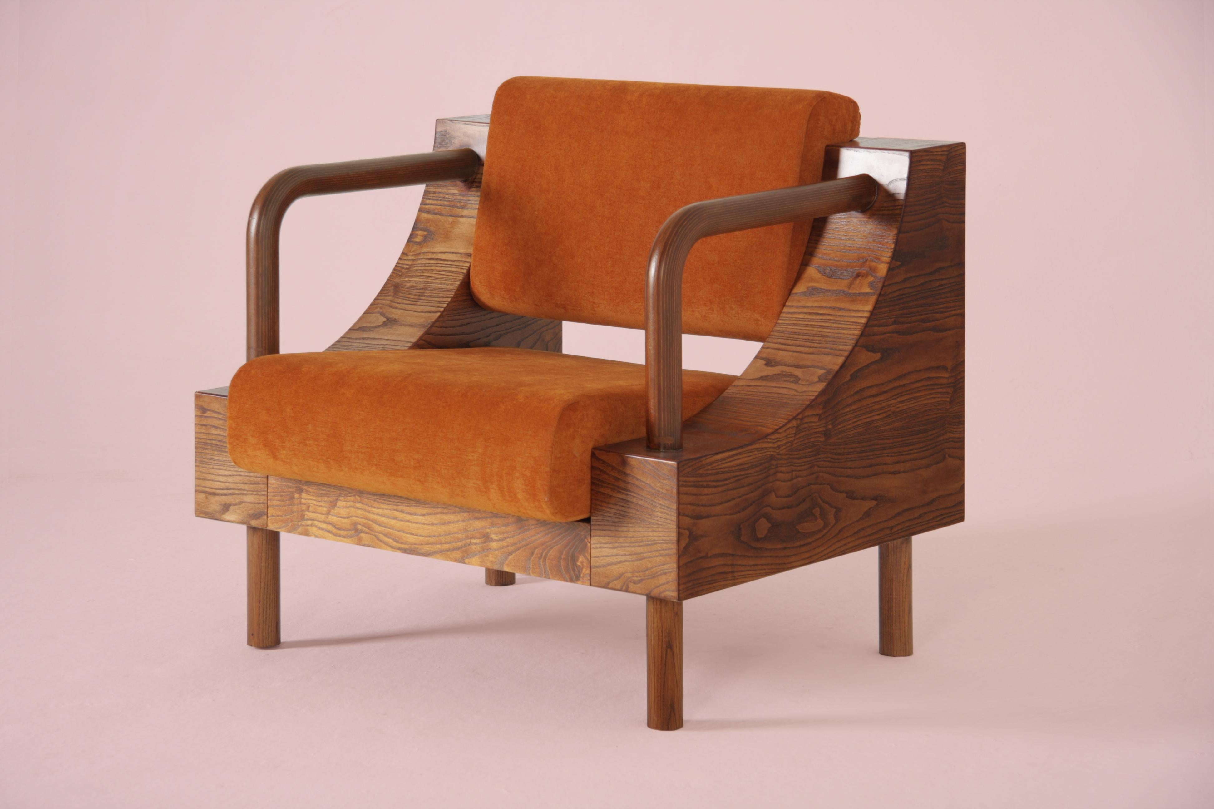 Contemporary Modern Handcrafted Wooden Armchair with Velvet For Sale
