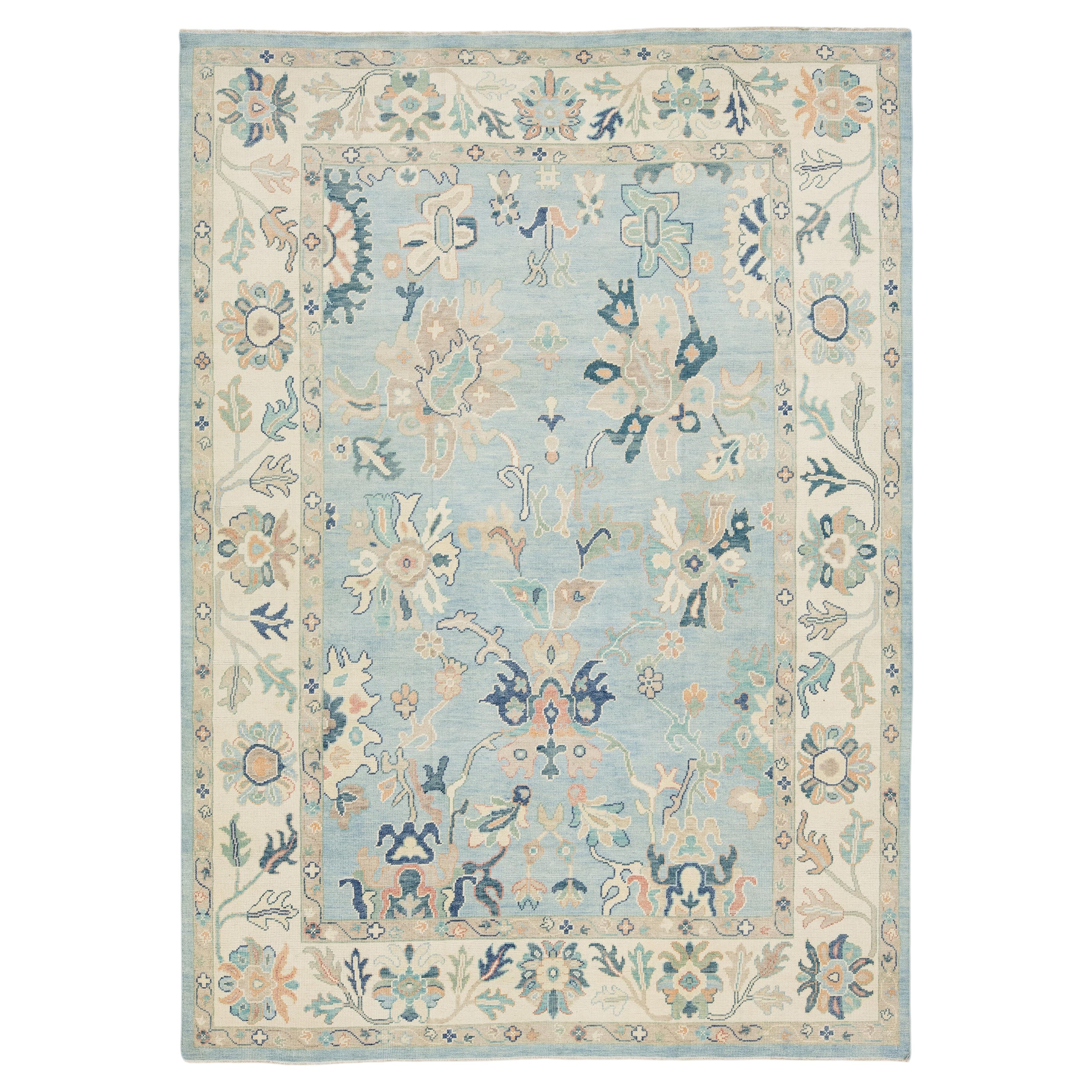 Modern Hand-Knot Oushak Style Light Blue & Soft Earth Tone Floral Wool Area Rug