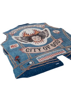 Tapis moderne "Biker Jacket" noué à la main dans les tons bleu marine par Julien Jaca (S)