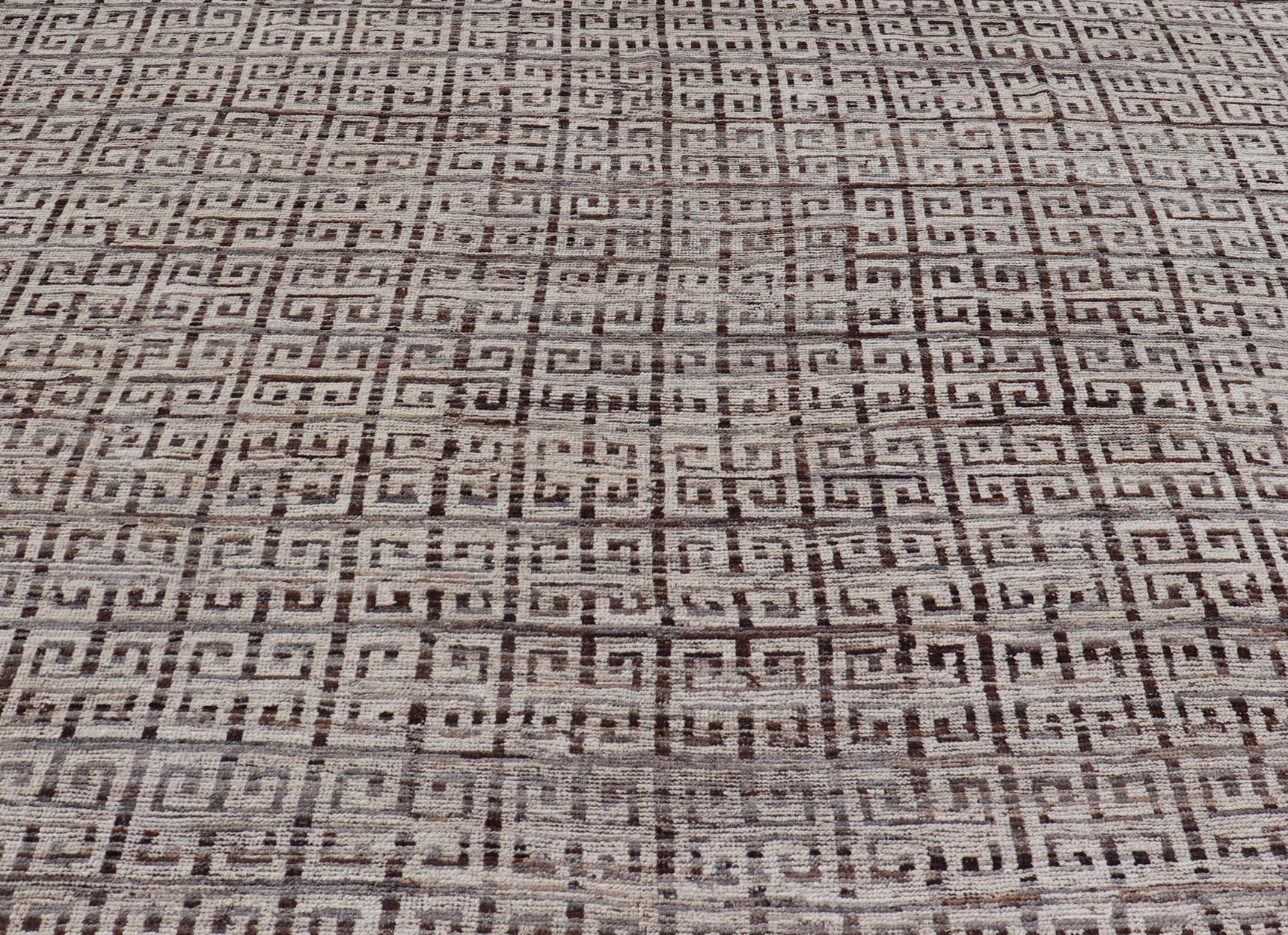 Modern Hand-Knotted Khotan in Wool with Greek Key Design in Earthy Tones For Sale 7