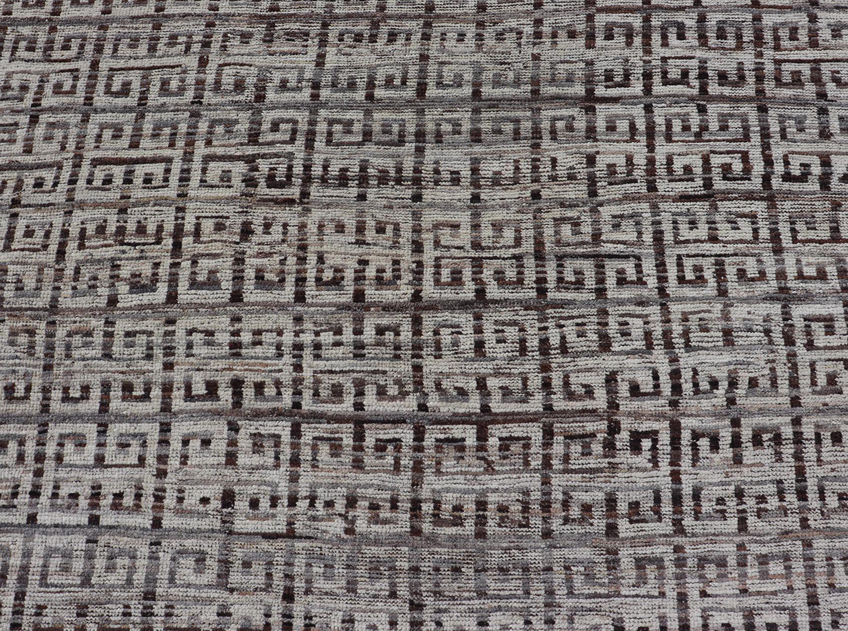 Modern Hand-Knotted Khotan in Wool with Greek Key Design in Earthy Tones For Sale 9