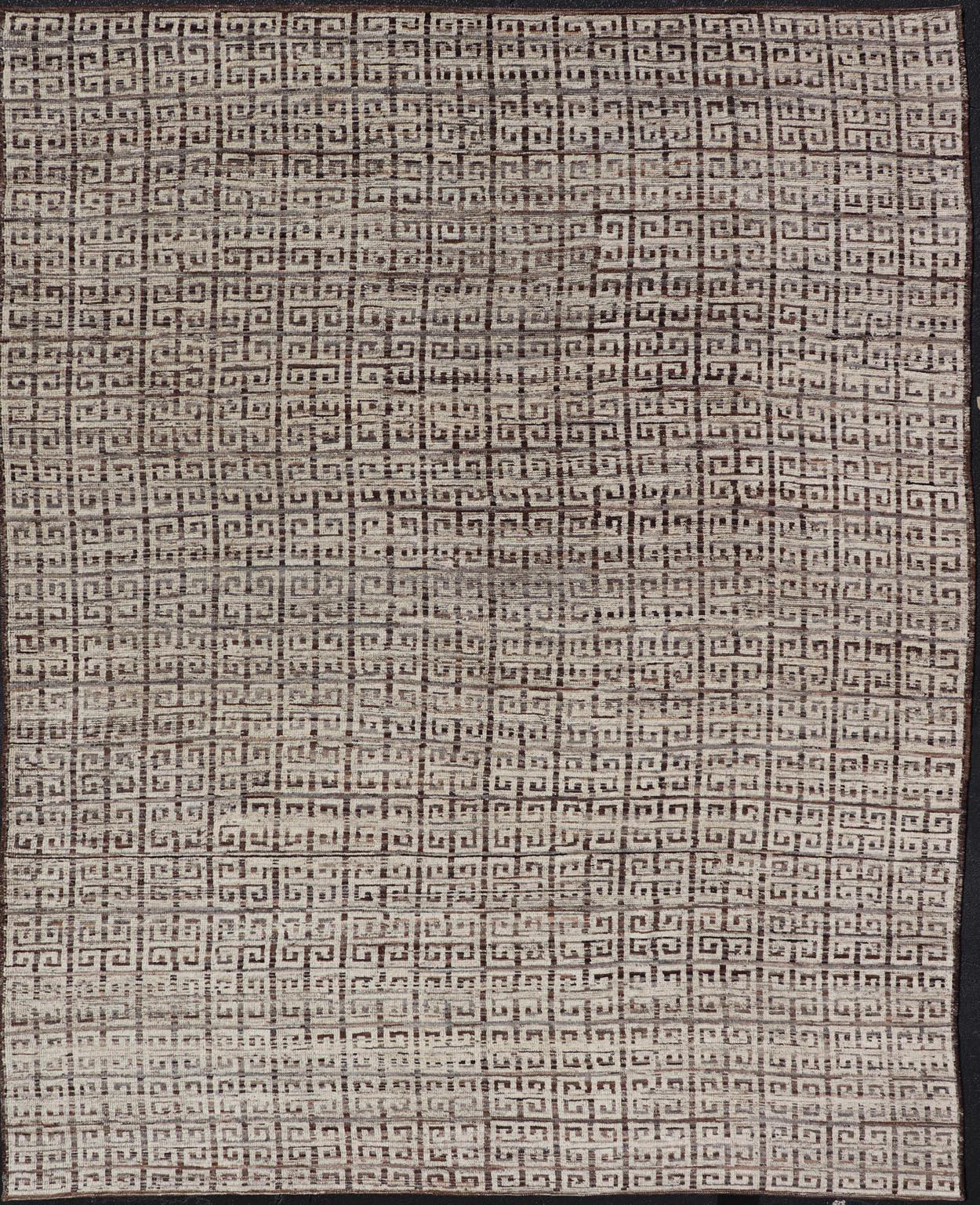 Contemporary Modern Hand-Knotted Khotan in Wool with Greek Key Design in Earthy Tones For Sale
