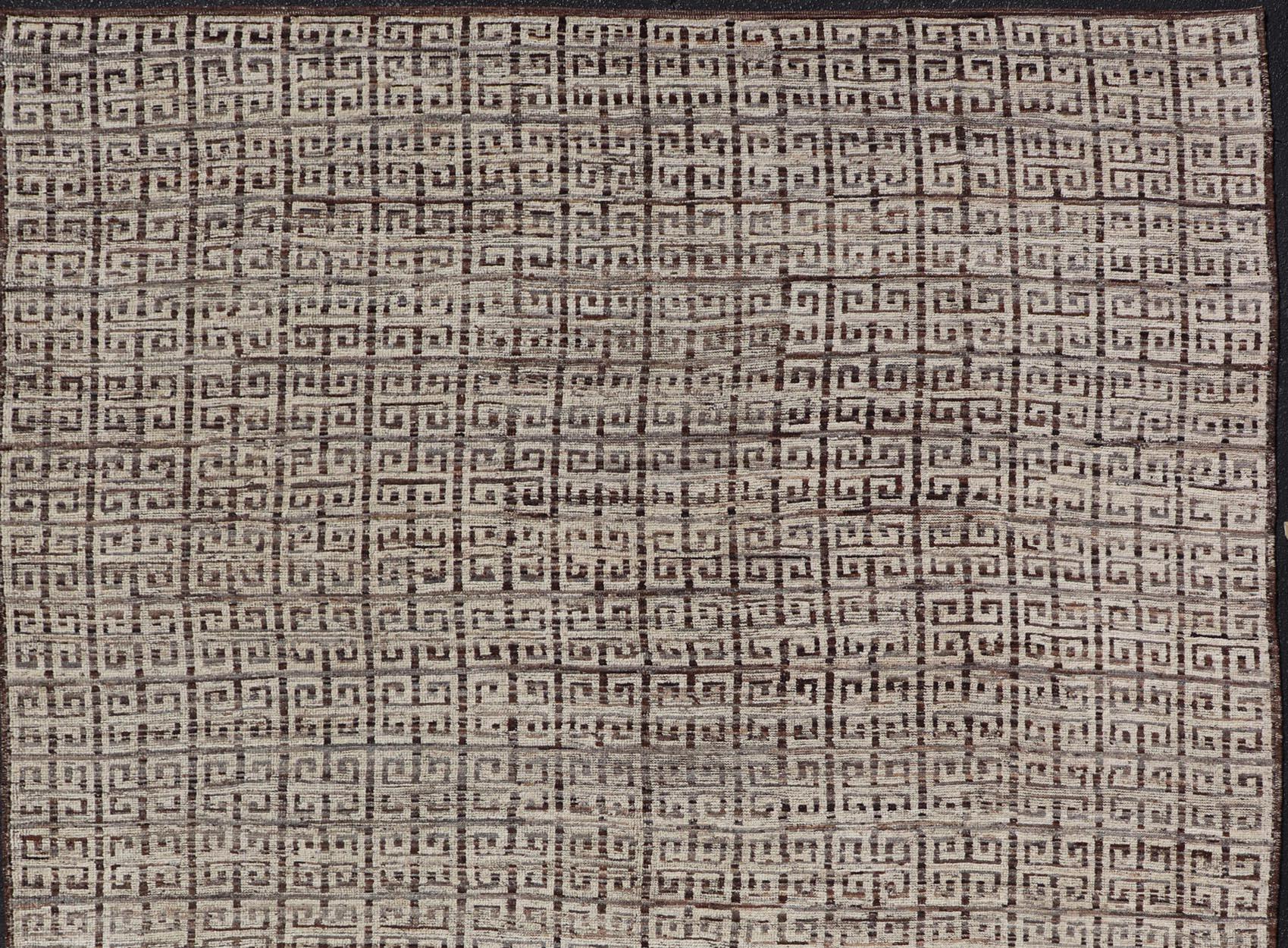 Modern Hand-Knotted Khotan in Wool with Greek Key Design in Earthy Tones For Sale 1