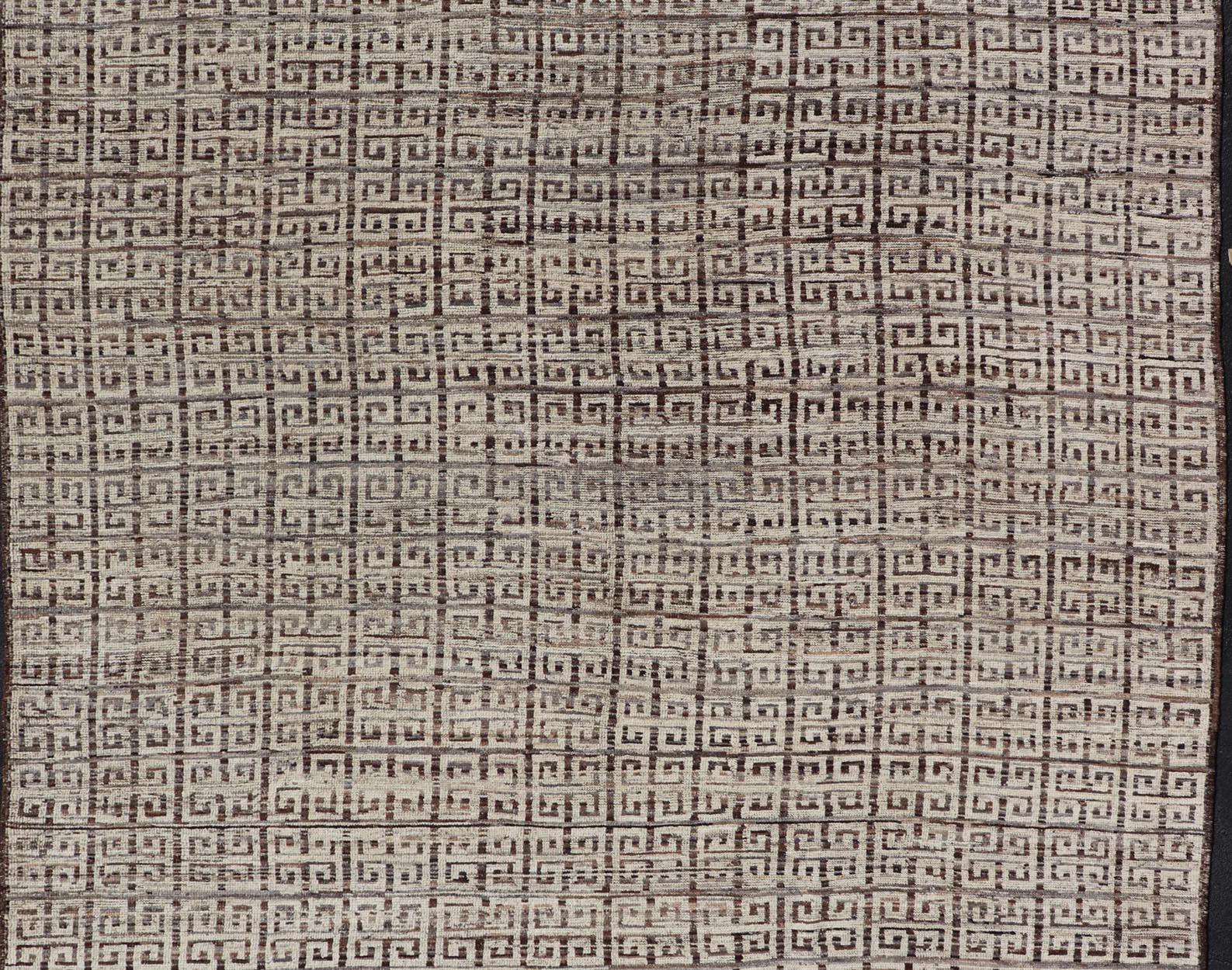 Modern Hand-Knotted Khotan in Wool with Greek Key Design in Earthy Tones For Sale 2