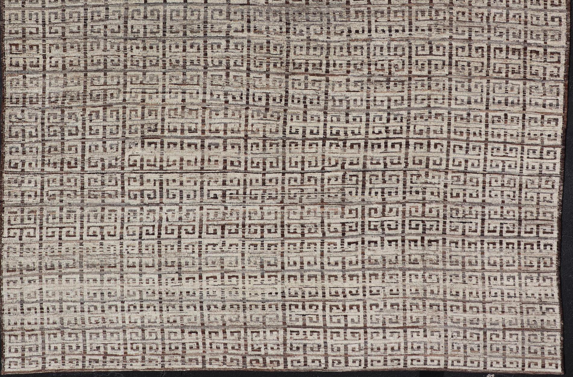 Modern Hand-Knotted Khotan in Wool with Greek Key Design in Earthy Tones For Sale 3