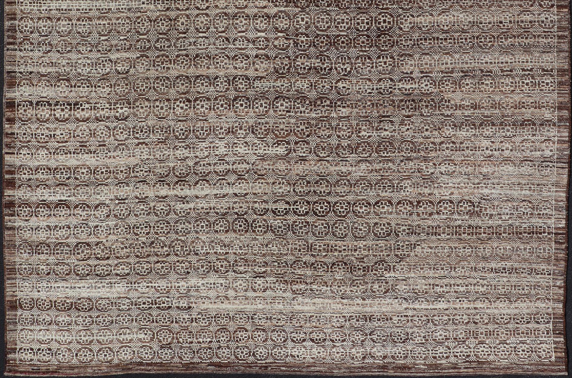 Contemporary Modern Hand-Knotted Khotan Rug in Wool with Geometric Design in Brown and Ivory For Sale