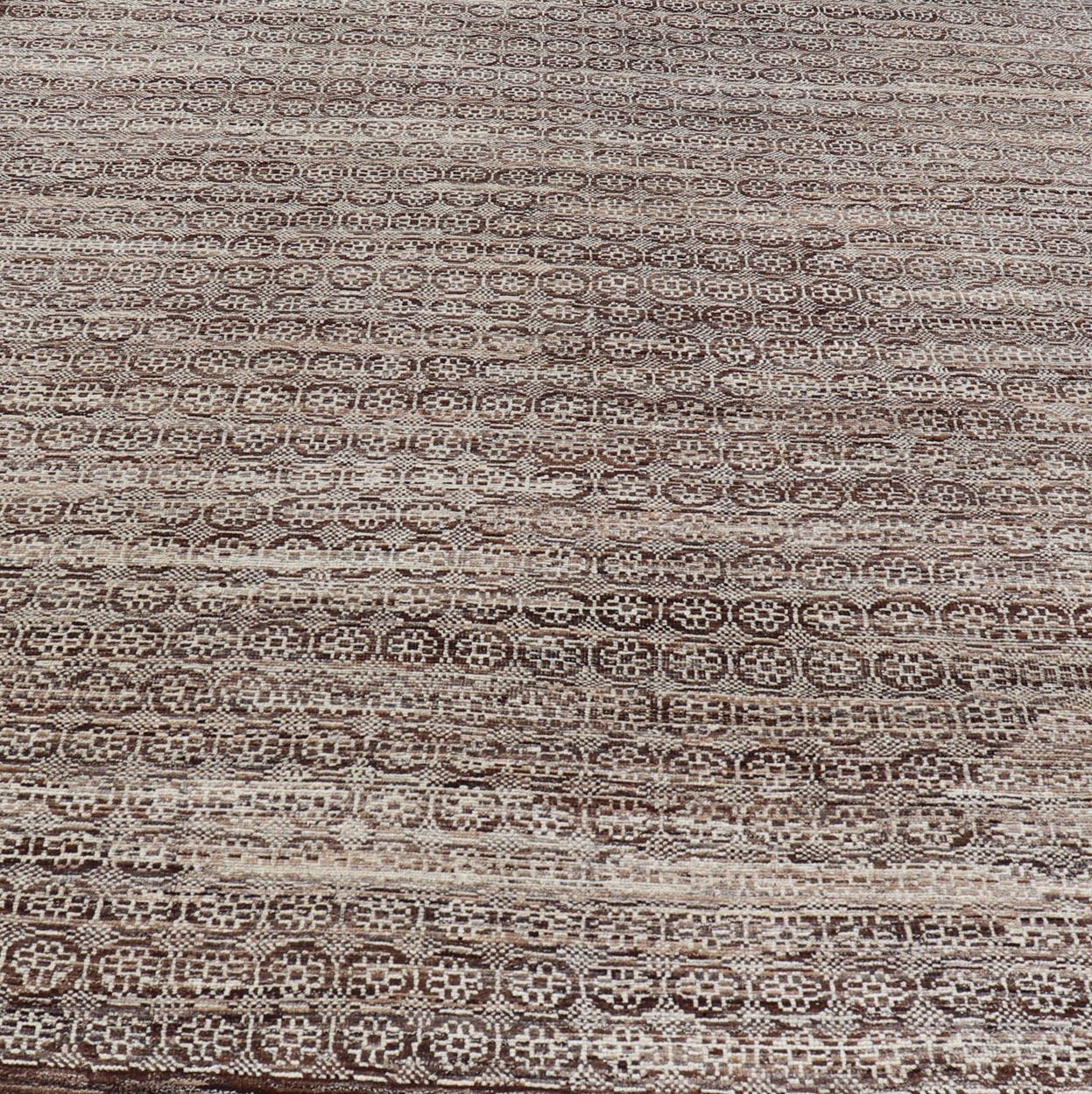Modern Hand-Knotted Khotan Rug in Wool with Geometric Design in Brown and Ivory For Sale 1