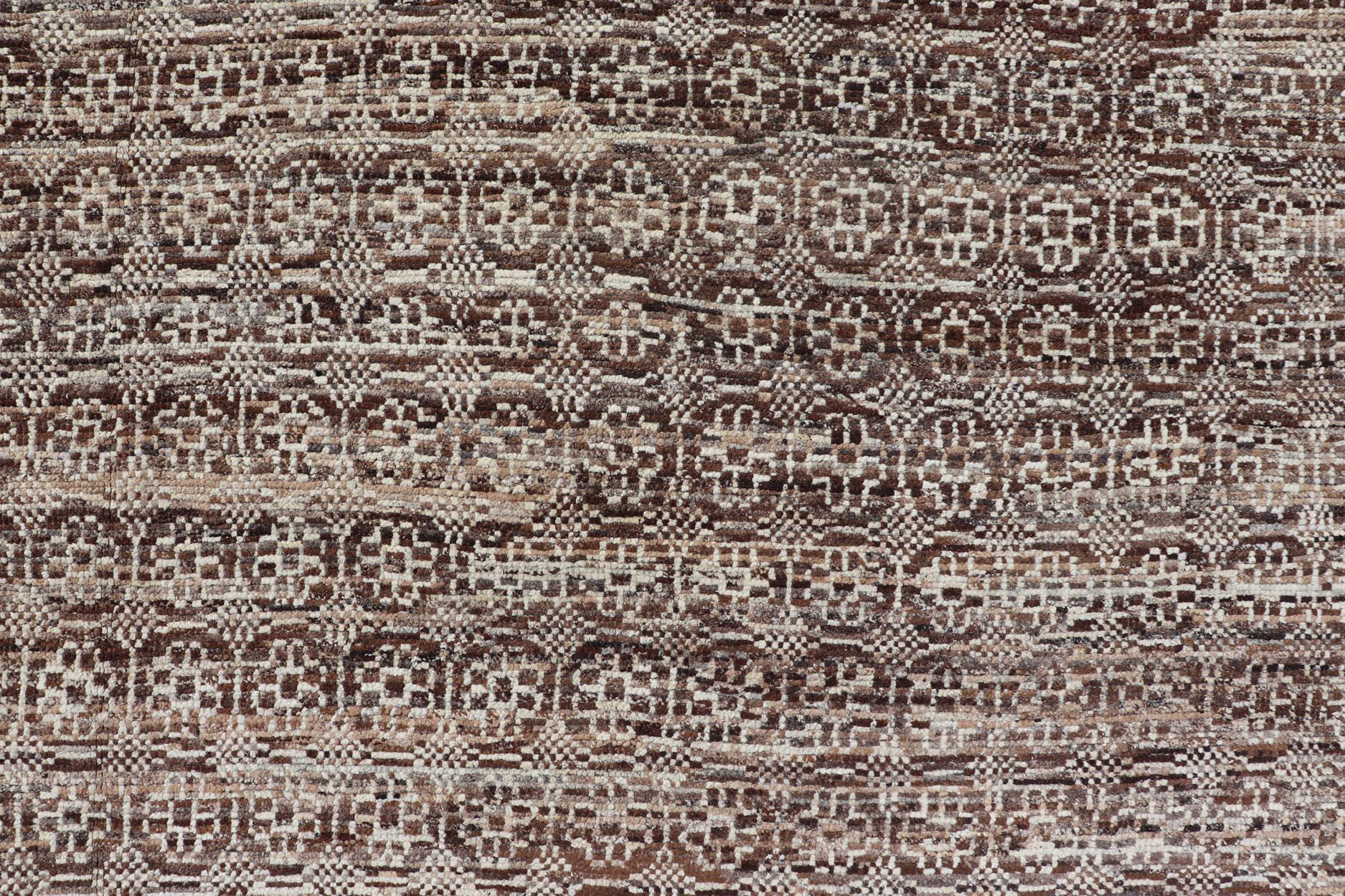 Modern Hand-Knotted Khotan Rug in Wool with Geometric Design in Brown and Ivory For Sale 2