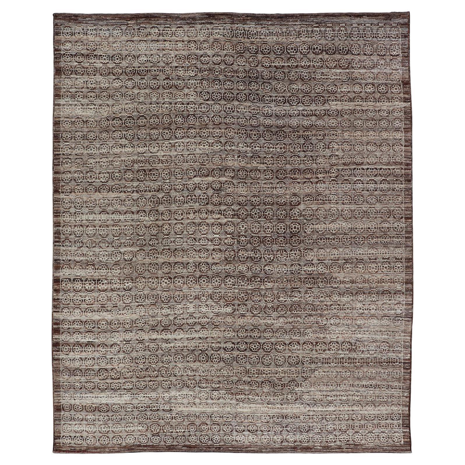 Modern Hand-Knotted Khotan Rug in Wool with Geometric Design in Brown and Ivory For Sale