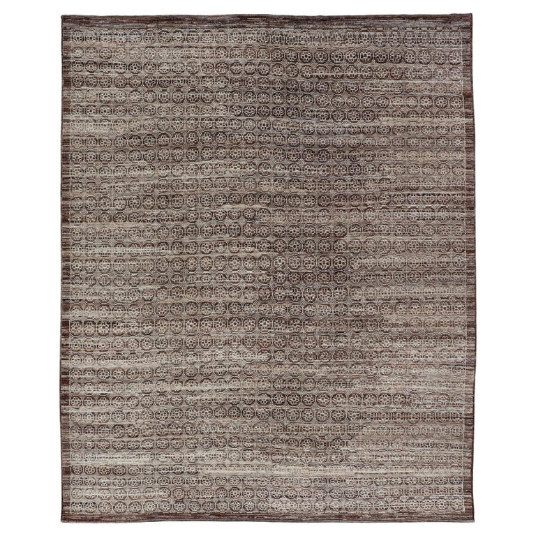 Modern Hand-Knotted Khotan Rug in Wool with Geometric Design in Brown ...