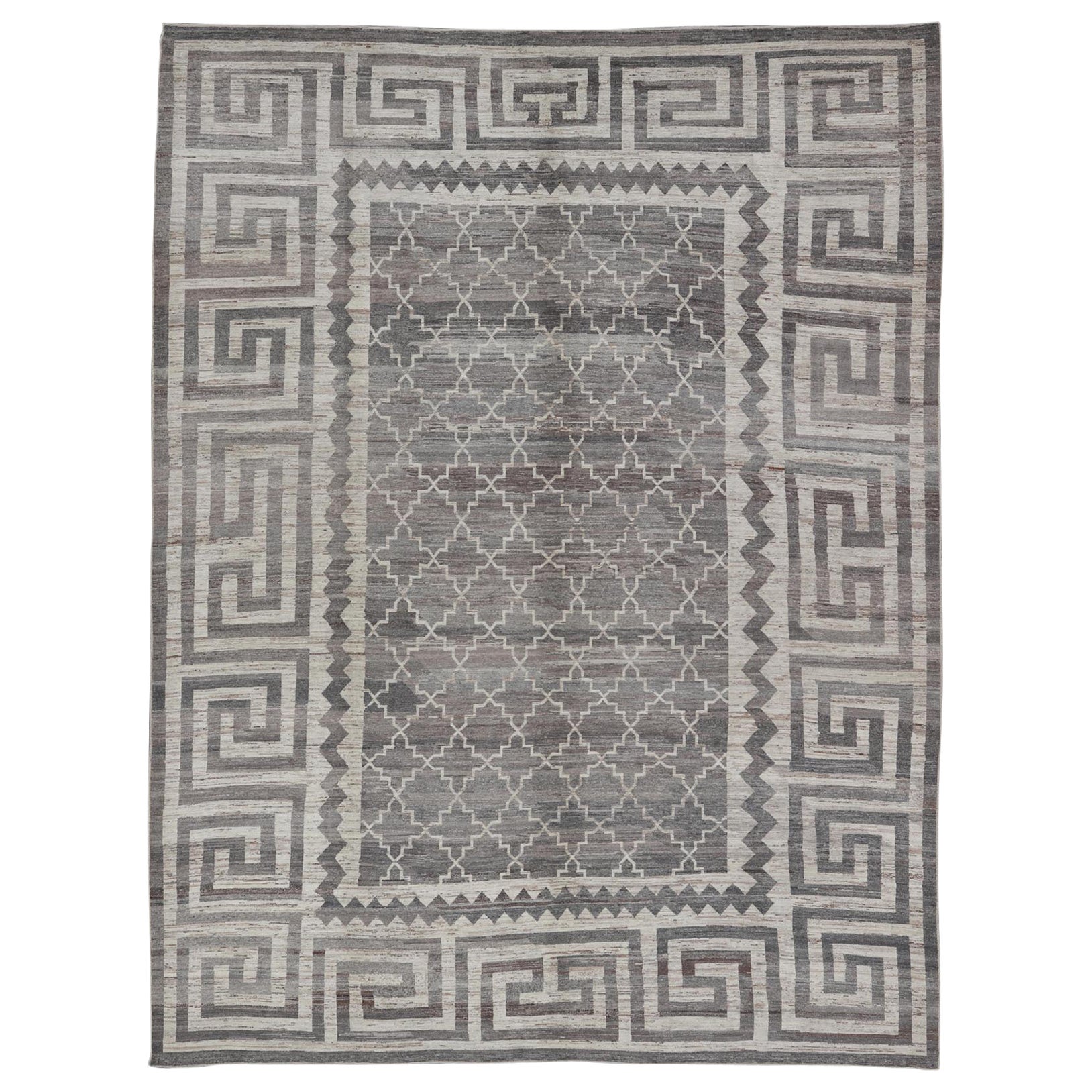 Tappeto Khotan moderno annodato a mano in lana con disegno sub-geometrico e chiavi greche
