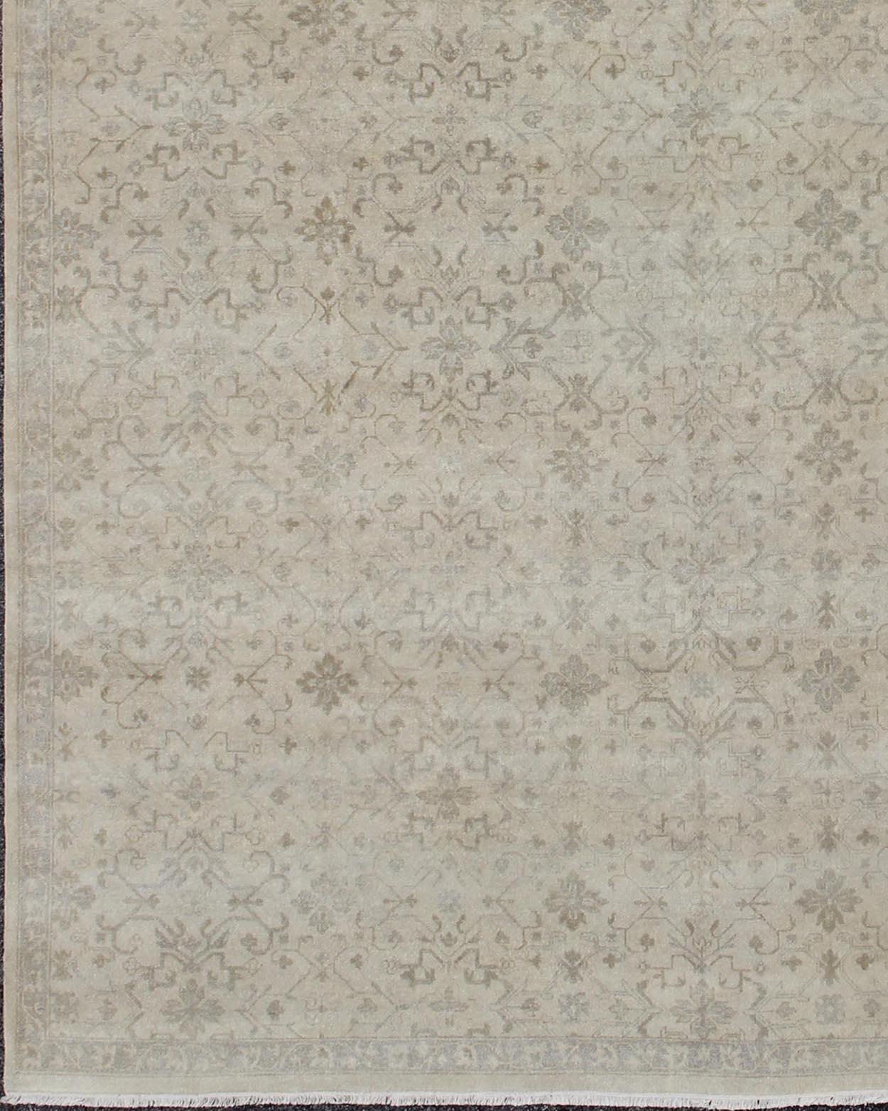 Indian Modern Hand-Knotted Khotan Rug with Geometric Pattern in Taupe and Gray Tones For Sale
